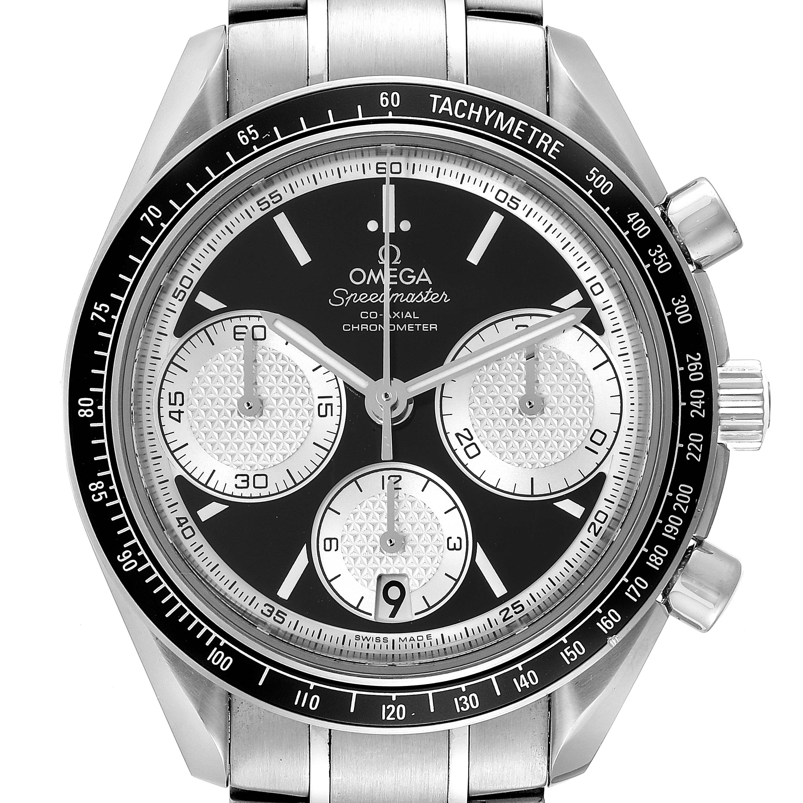 The image shows a front view of an Omega Speedmaster 326.30.40.50.01.002 Men's Stainless Steel Black Dial 326.30.40.50.01.002 Men's Stainless Steel Black Dial watch displaying its dial, sub-dials, tachymeter bezel, and crown.
