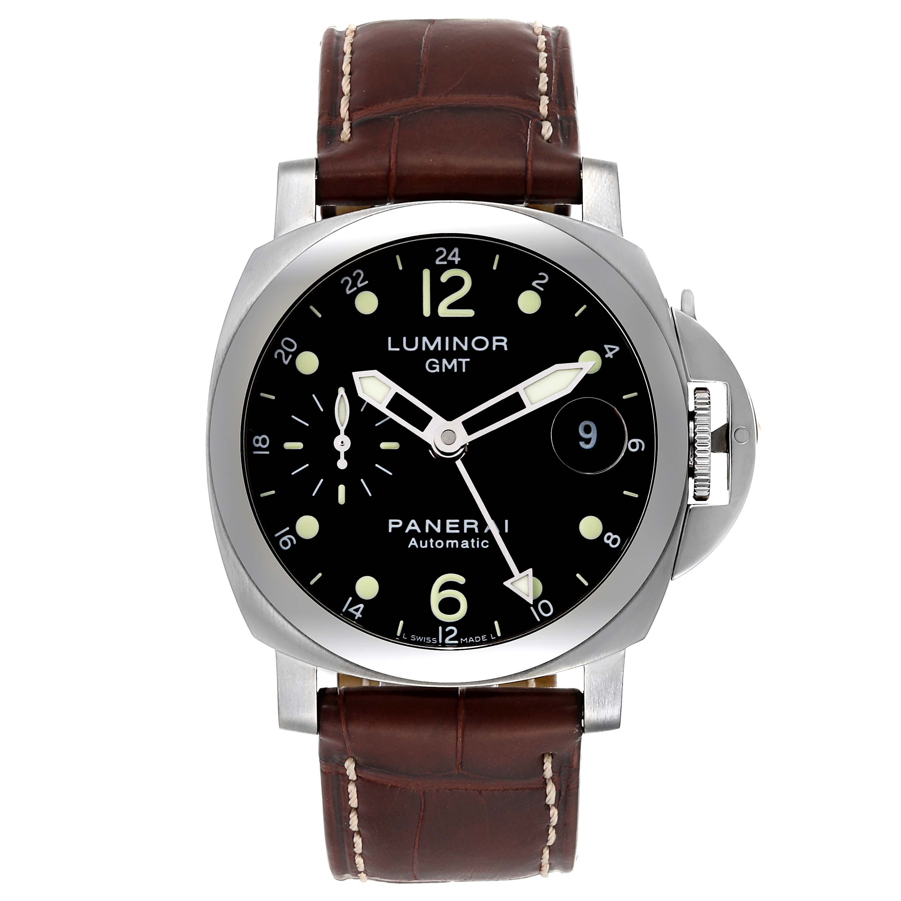 This image shows a front view of a Panerai Luminor PAM00159 Men's Stainless Steel Black Dial PAM00159 Men's Stainless Steel Black Dial GMT watch, featuring a black dial, brown leather strap, and metallic case.