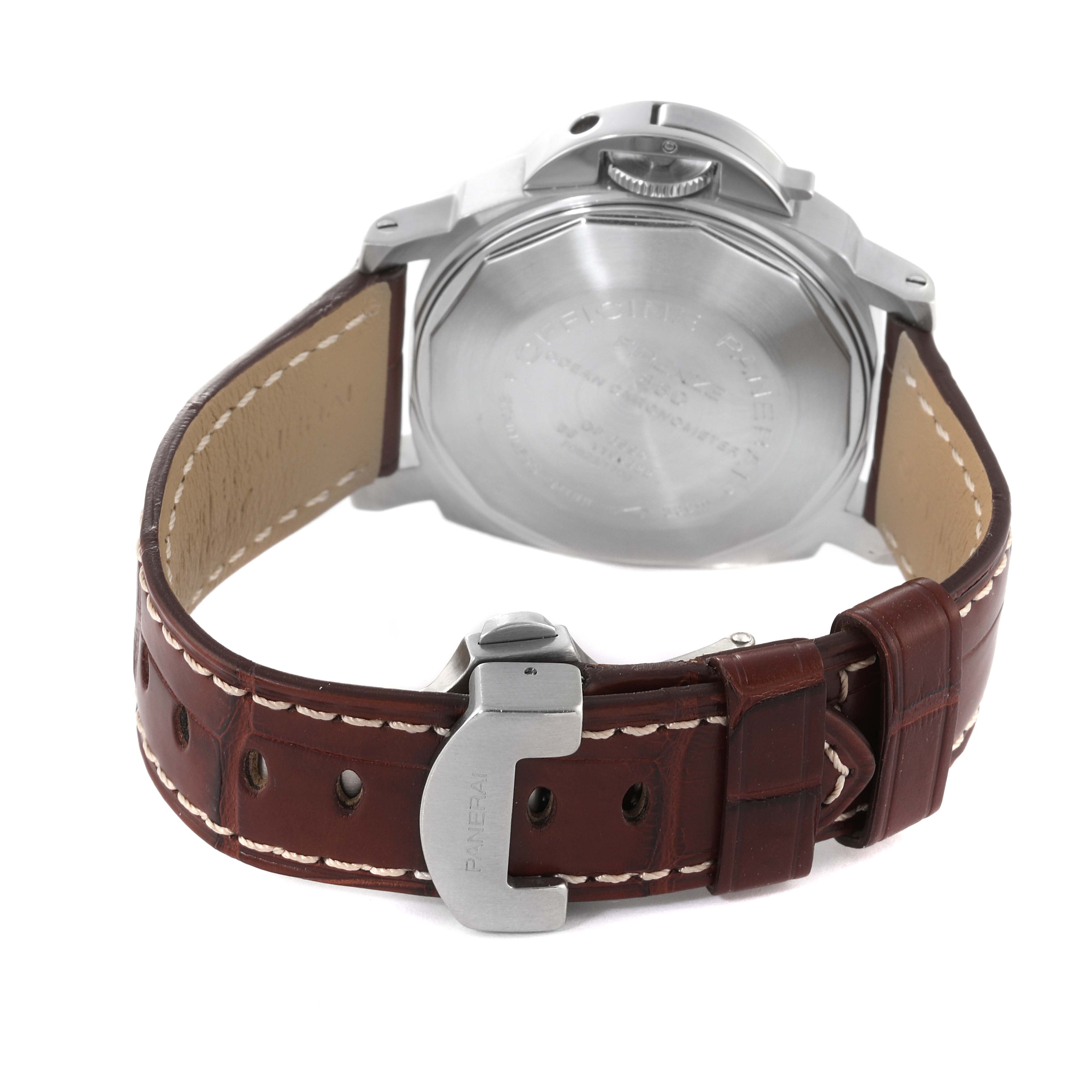 This image shows the back case and strap of a Panerai Luminor PAM00159 Men's Stainless Steel Black Dial PAM00159 Men's Stainless Steel Black Dial watch from a rear angle.