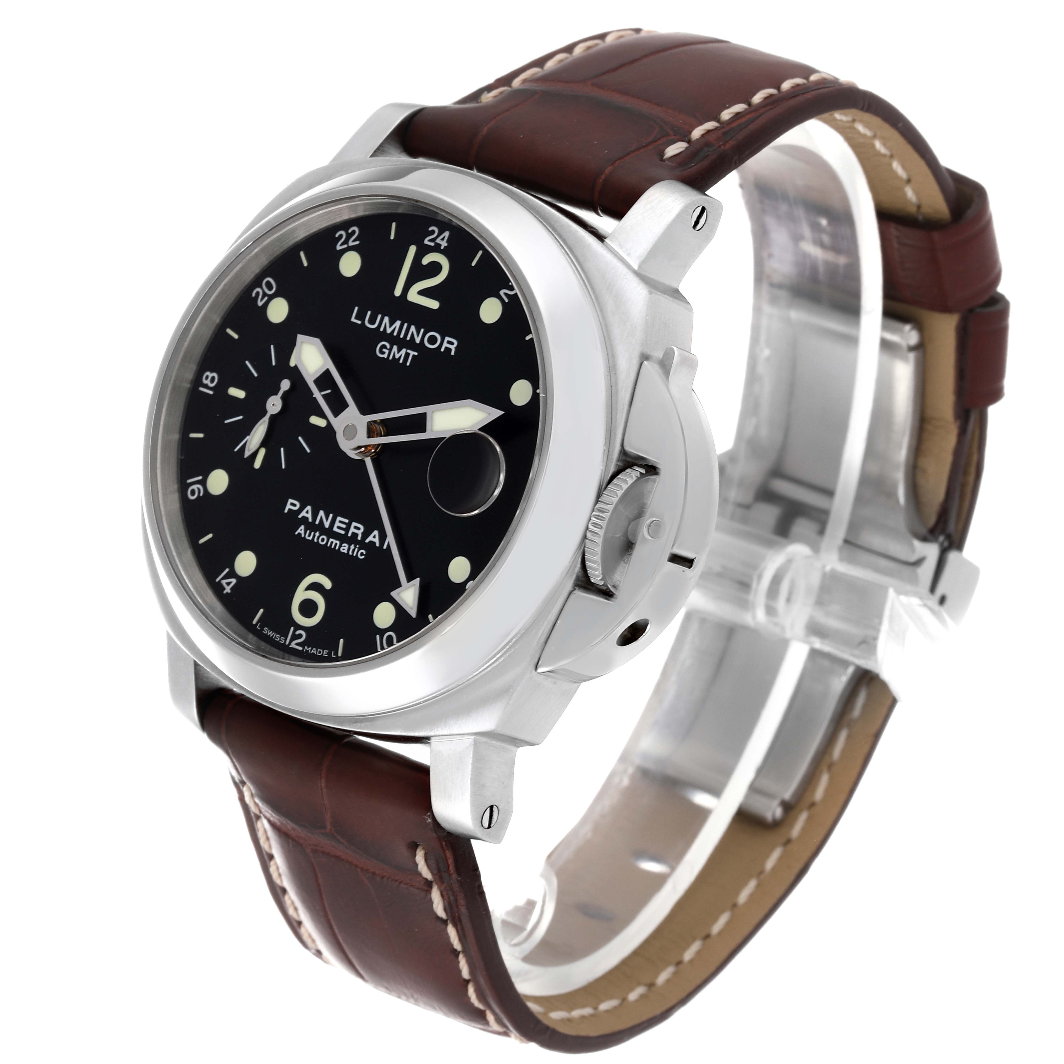 The image shows a Panerai Luminor PAM00159 Men's Stainless Steel Black Dial PAM00159 Men's Stainless Steel Black Dial GMT watch from a front-right angle, highlighting its dial, case, and leather strap.