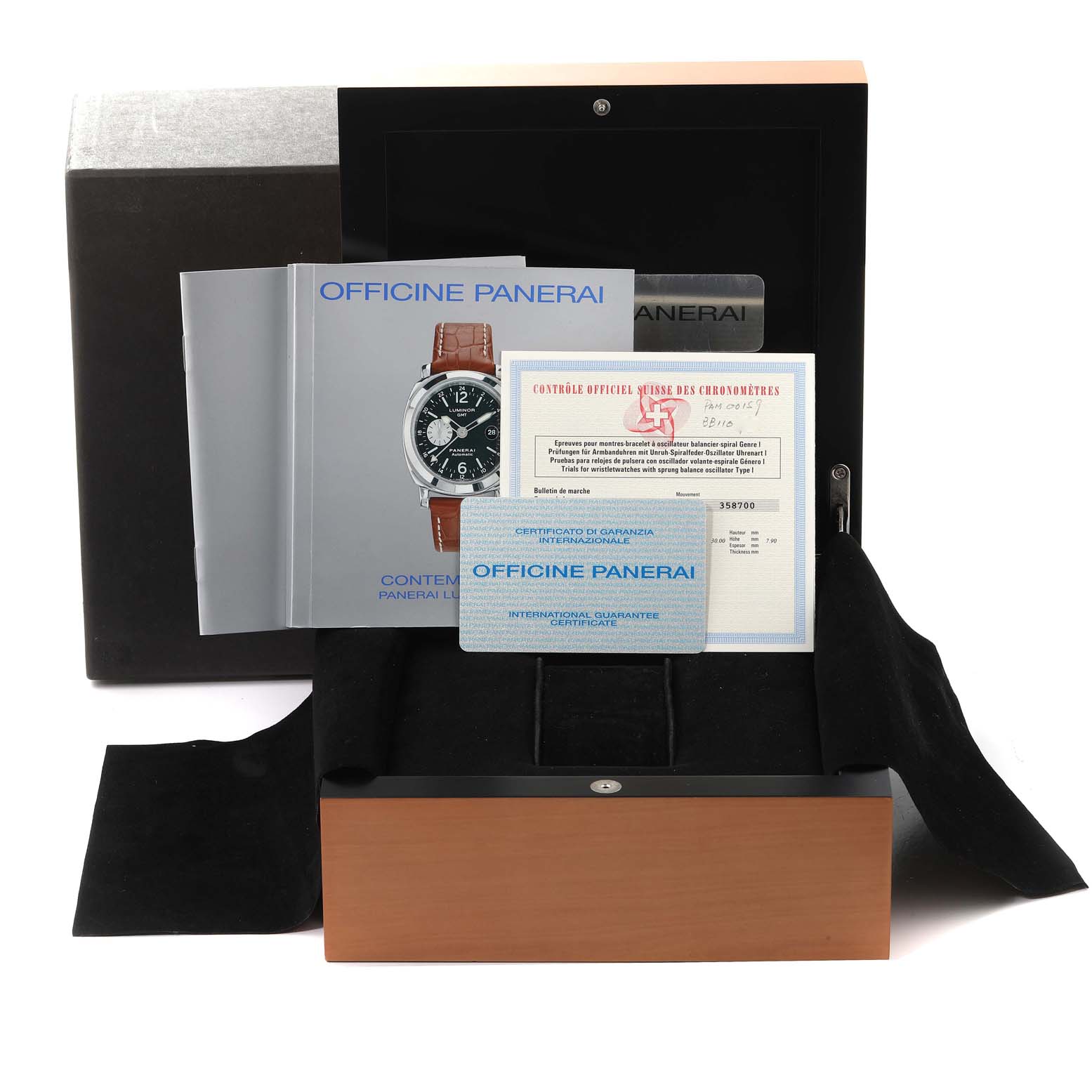 The image shows the box, manuals, and warranty cards for a Panerai Luminor PAM00159 Men's Stainless Steel Black Dial PAM00159 Men's Stainless Steel Black Dial watch.