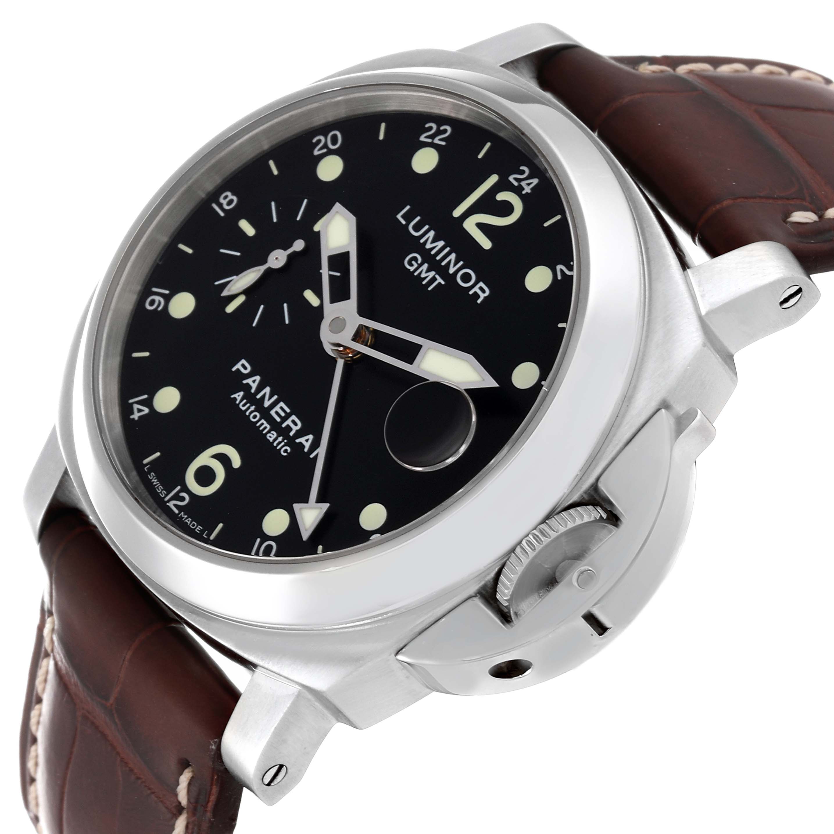 The image shows a Panerai Luminor PAM00159 Men's Stainless Steel Black Dial PAM00159 Men's Stainless Steel Black Dial GMT watch at an angle highlighting its face, bezel, crown guard, and brown leather strap.