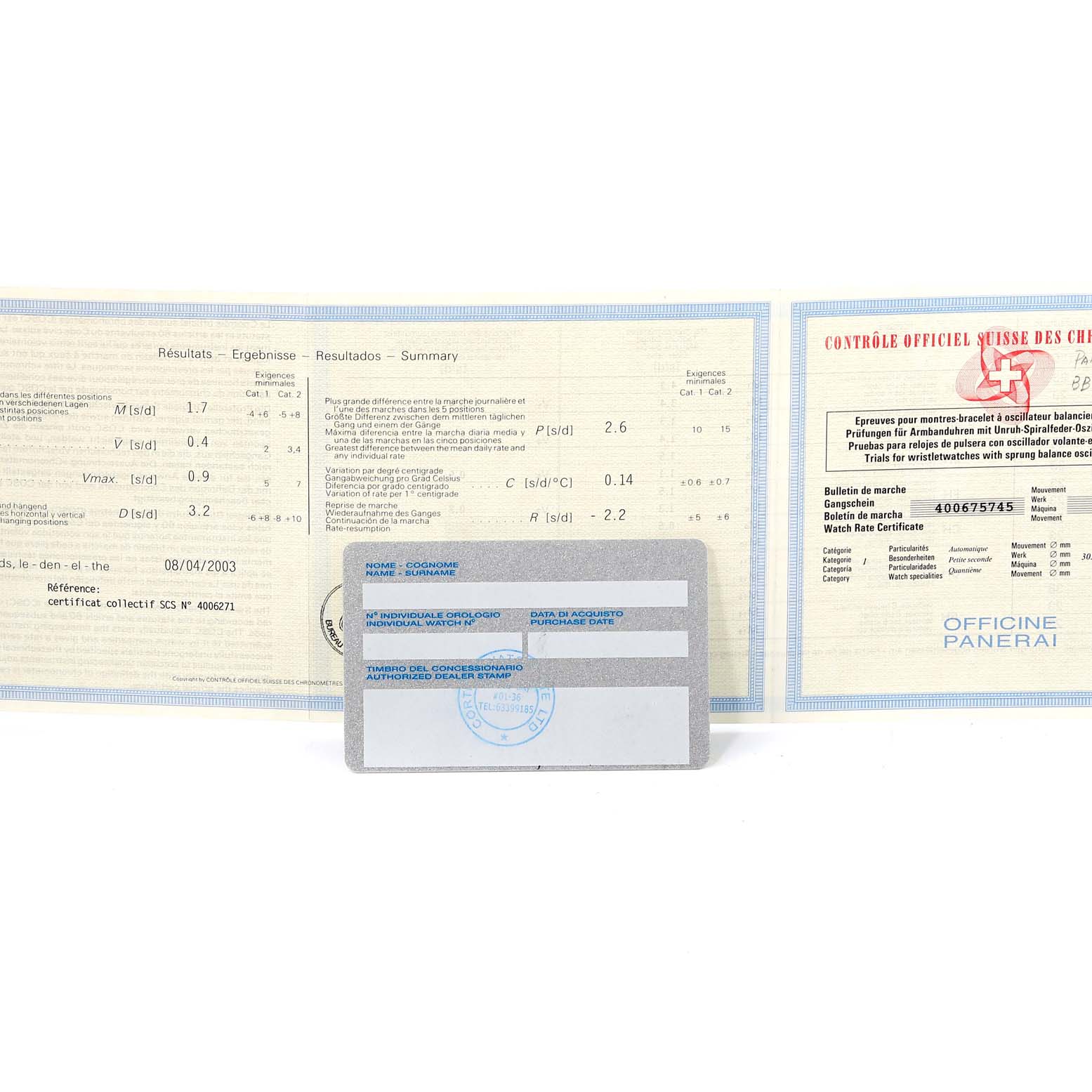 The image shows certification and warranty documents for a Panerai Luminor PAM00159 Men's Stainless Steel Black Dial PAM00159 Men's Stainless Steel Black Dial watch.