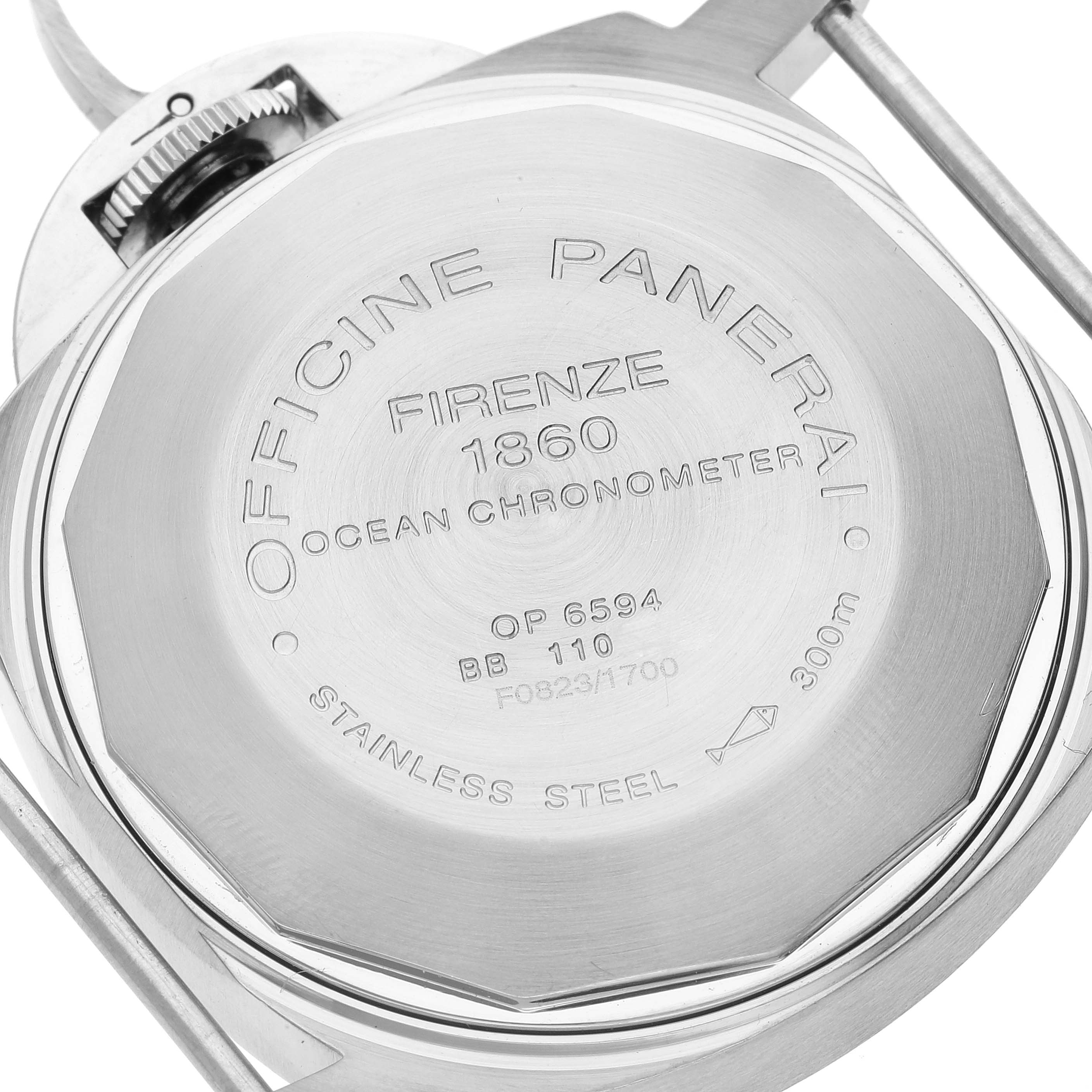 The image shows the back case of a Panerai Luminor PAM00159 Men's Stainless Steel Black Dial PAM00159 Men's Stainless Steel Black Dial watch, highlighting the etched details.