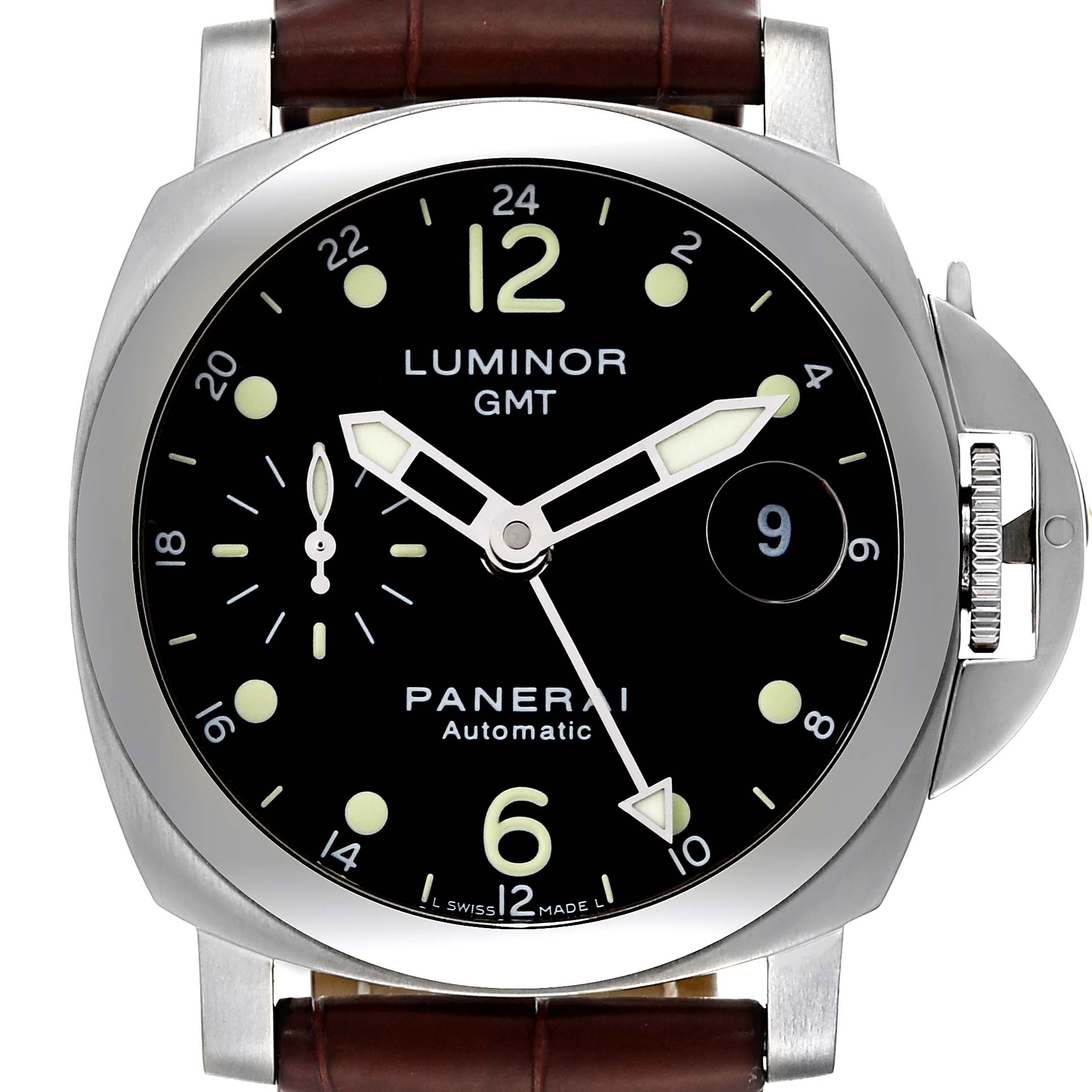 This image shows a front angle view of the Panerai Luminor PAM00159 Men's Stainless Steel Black Dial PAM00159 Men's Stainless Steel Black Dial GMT watch face, including the dial, hour/minute hands, and crown.