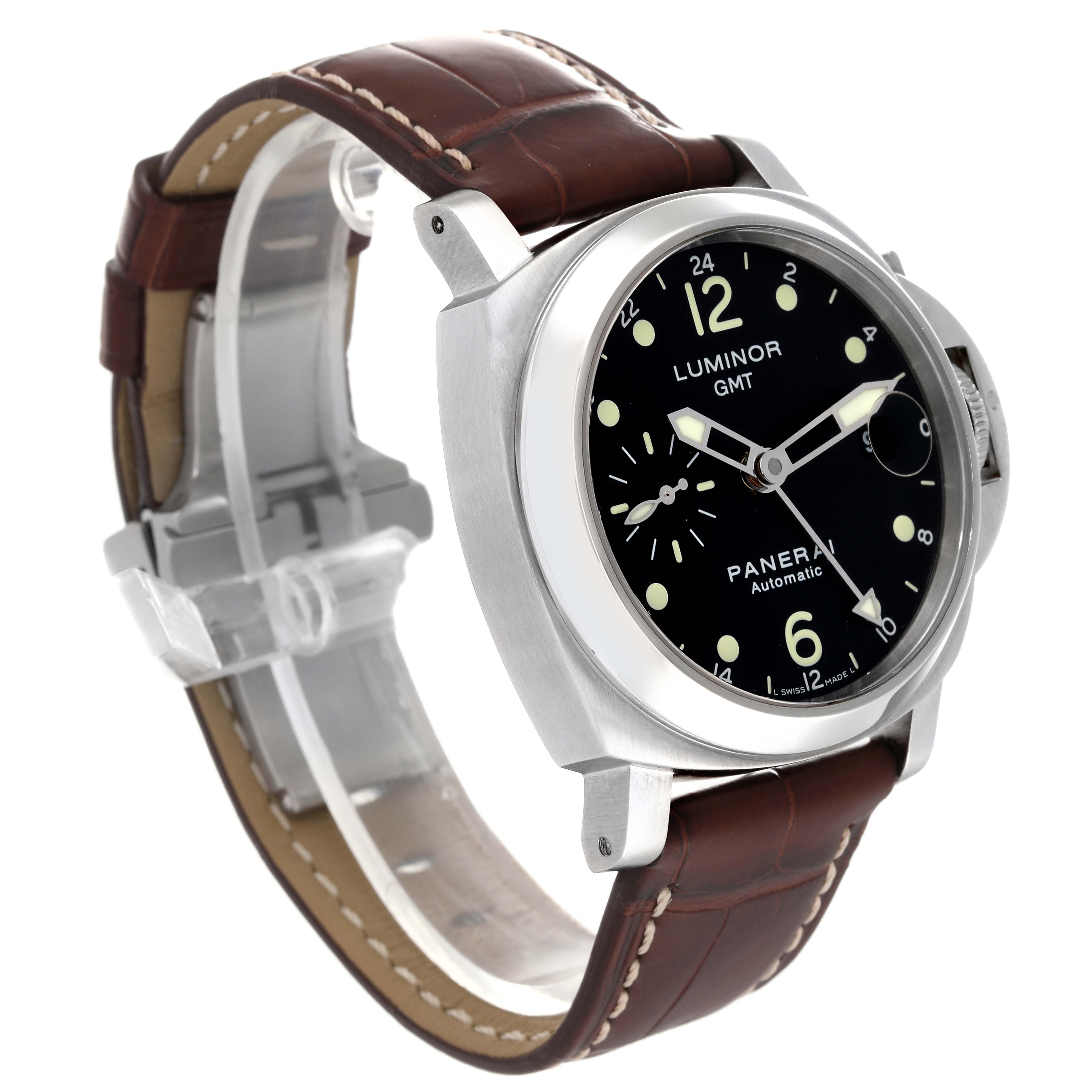 The image shows a Panerai Luminor PAM00159 Men's Stainless Steel Black Dial PAM00159 Men's Stainless Steel Black Dial GMT watch at an angled view, showcasing the dial, case, and brown leather strap.