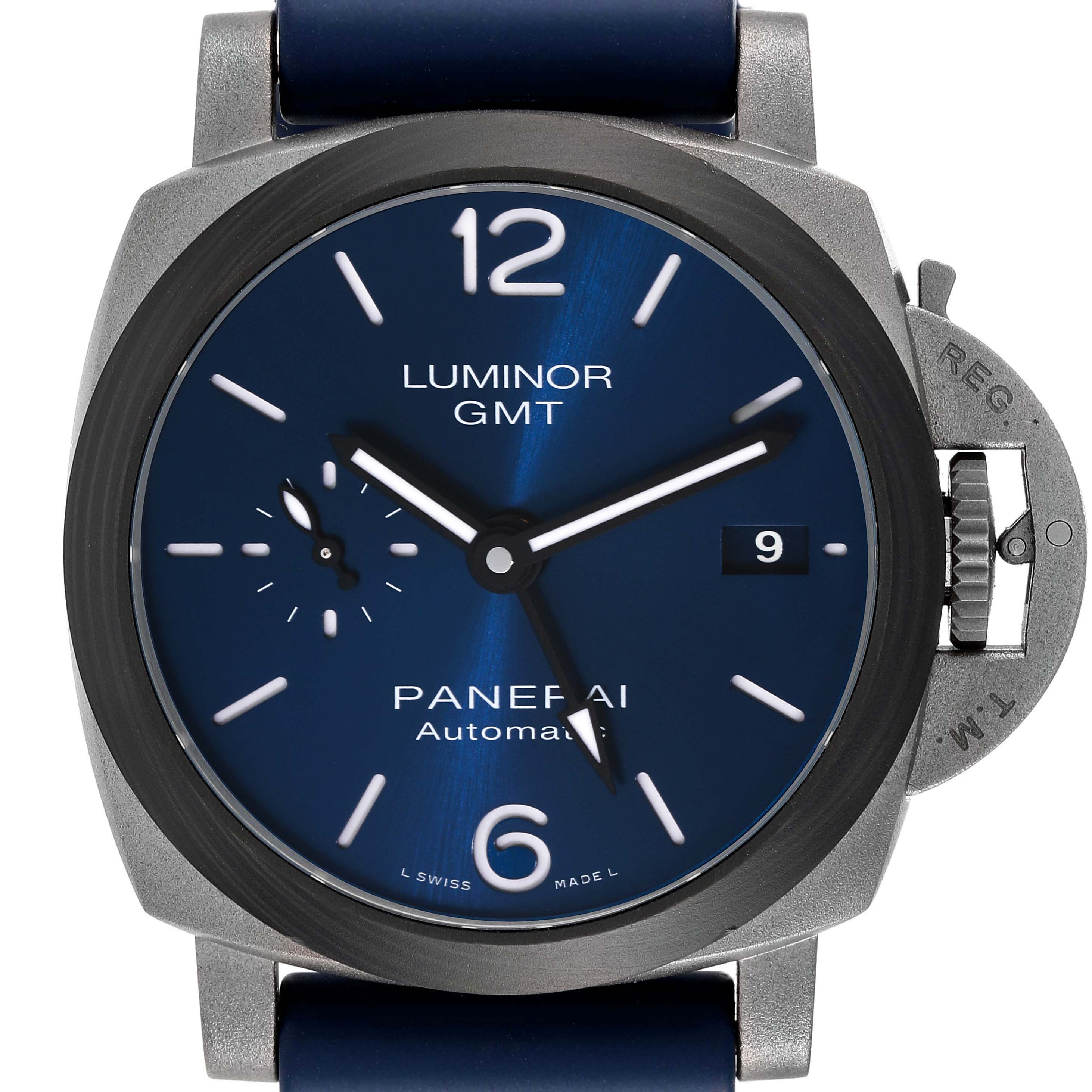 This image shows a front view of a Panerai Luminor PAM01279 Men's Titanium Blue Dial PAM01279 Men's Titanium Blue Dial GMT watch, highlighting its blue dial, crown guard, and date display.