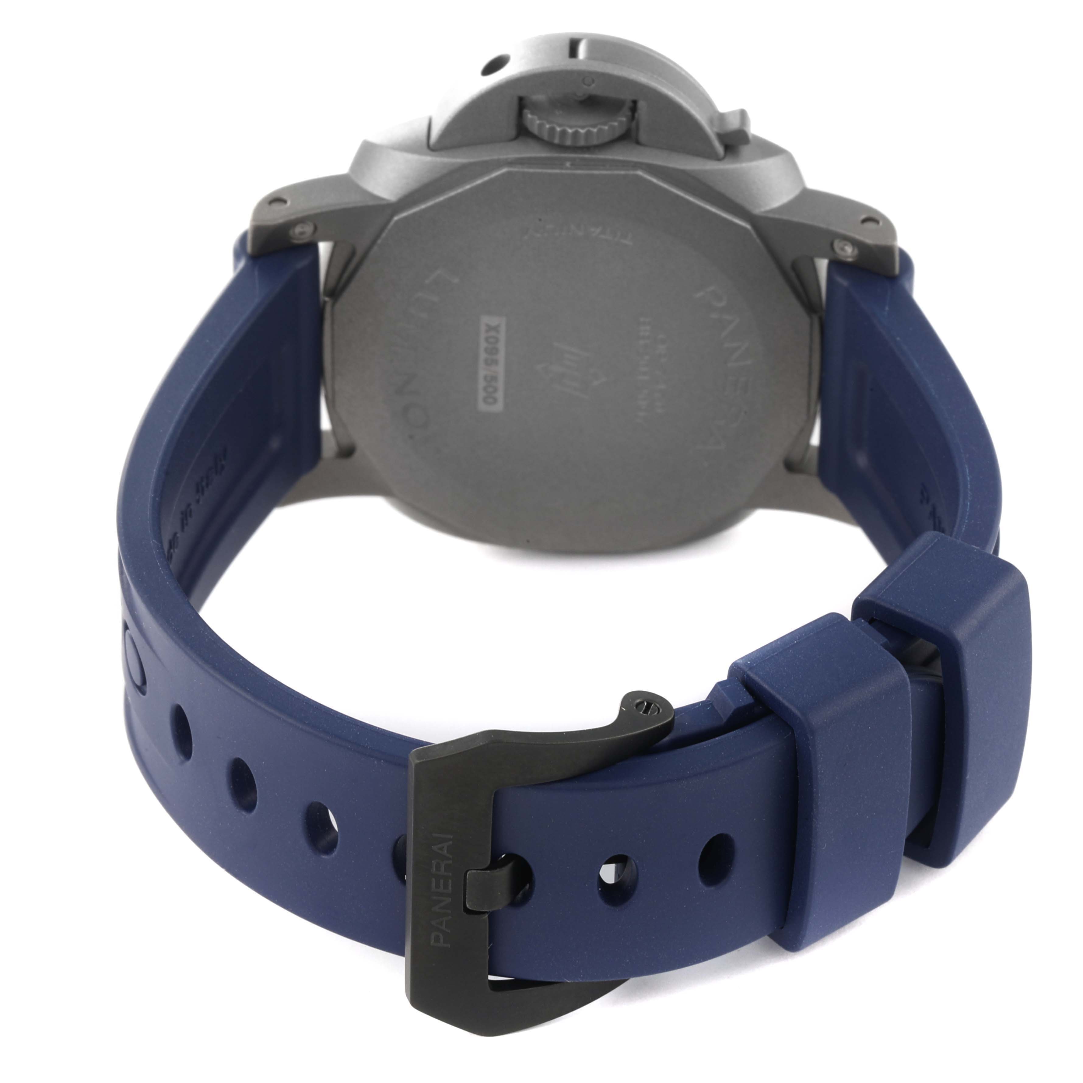 The image shows the back view of a Panerai Luminor PAM01279 Men's Titanium Blue Dial PAM01279 Men's Titanium Blue Dial watch with a blue strap and clasp.
