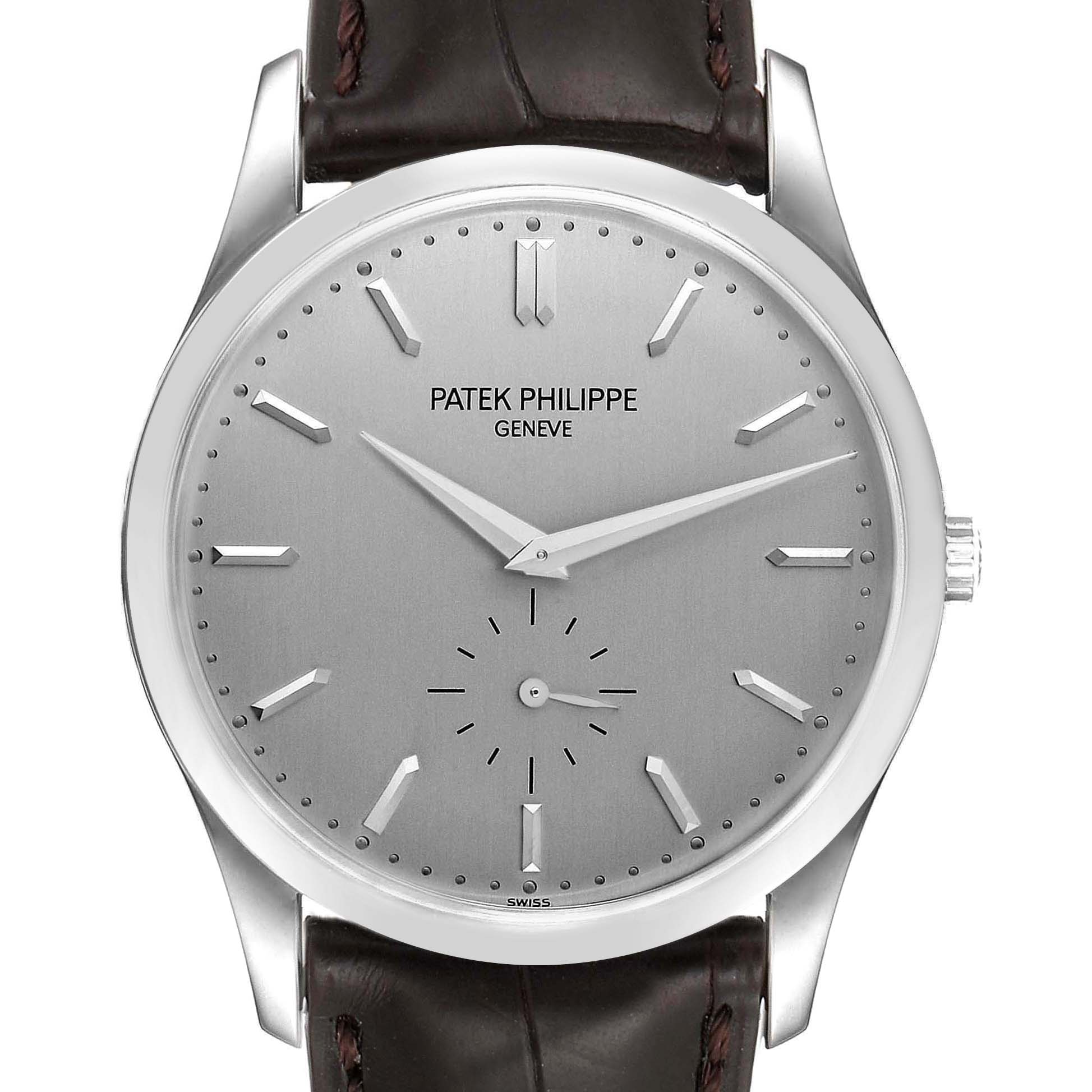 The image shows a frontal view of a Patek Philippe Calatrava 5196G Men's White Gold Silver Dial 5196G Men's White Gold Silver Dial watch, displaying its dial, hands, and leather strap.
