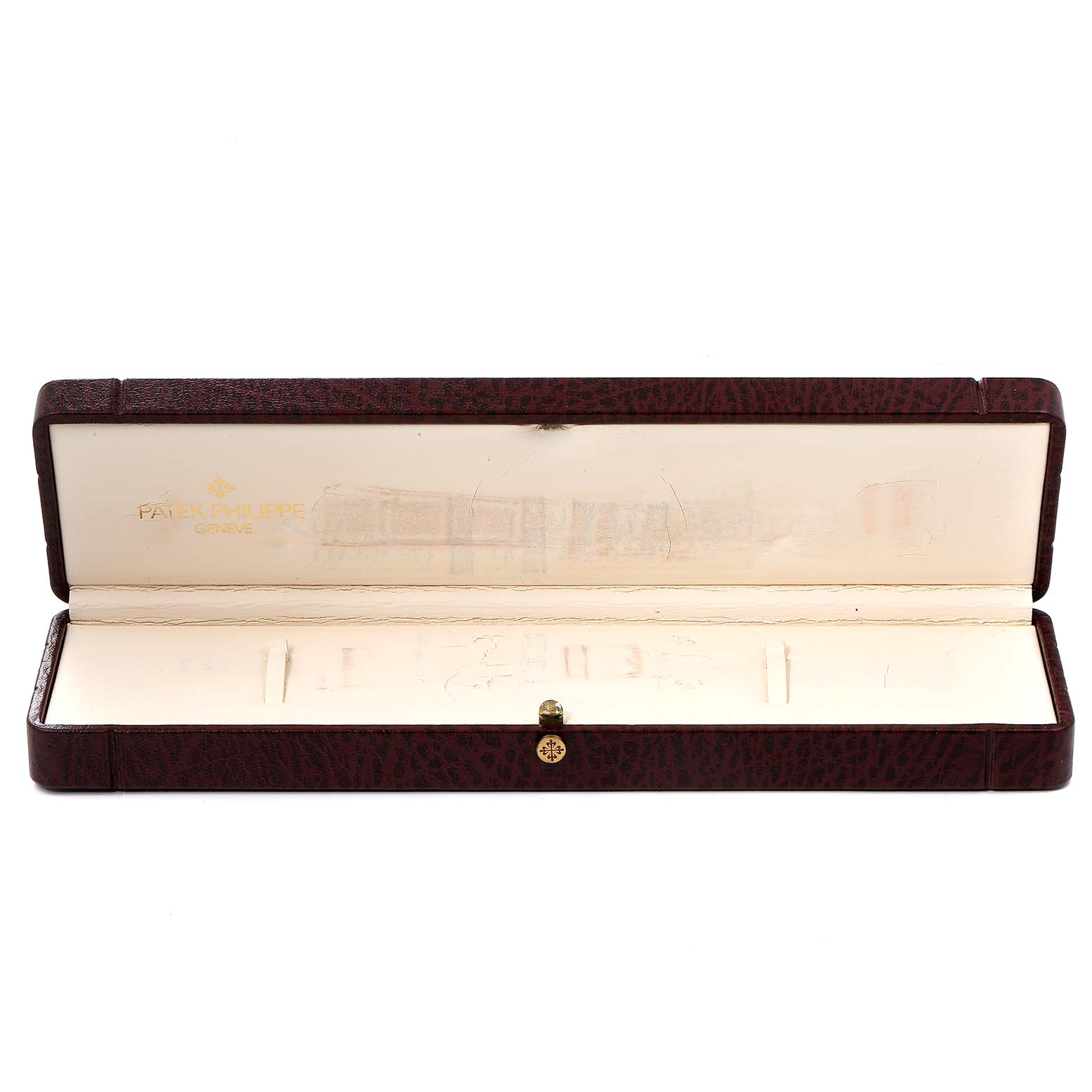 This image shows an open watch box for a Patek Philippe Calatrava 5196G Men's White Gold Silver Dial 5196G Men's White Gold Silver Dial, featuring the interior and logo.