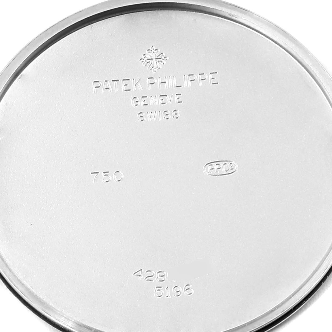 This is the inside case back of a Patek Philippe Calatrava 5196G Men's White Gold Silver Dial 5196G Men's White Gold Silver Dial watch, showing model and brand engravings.