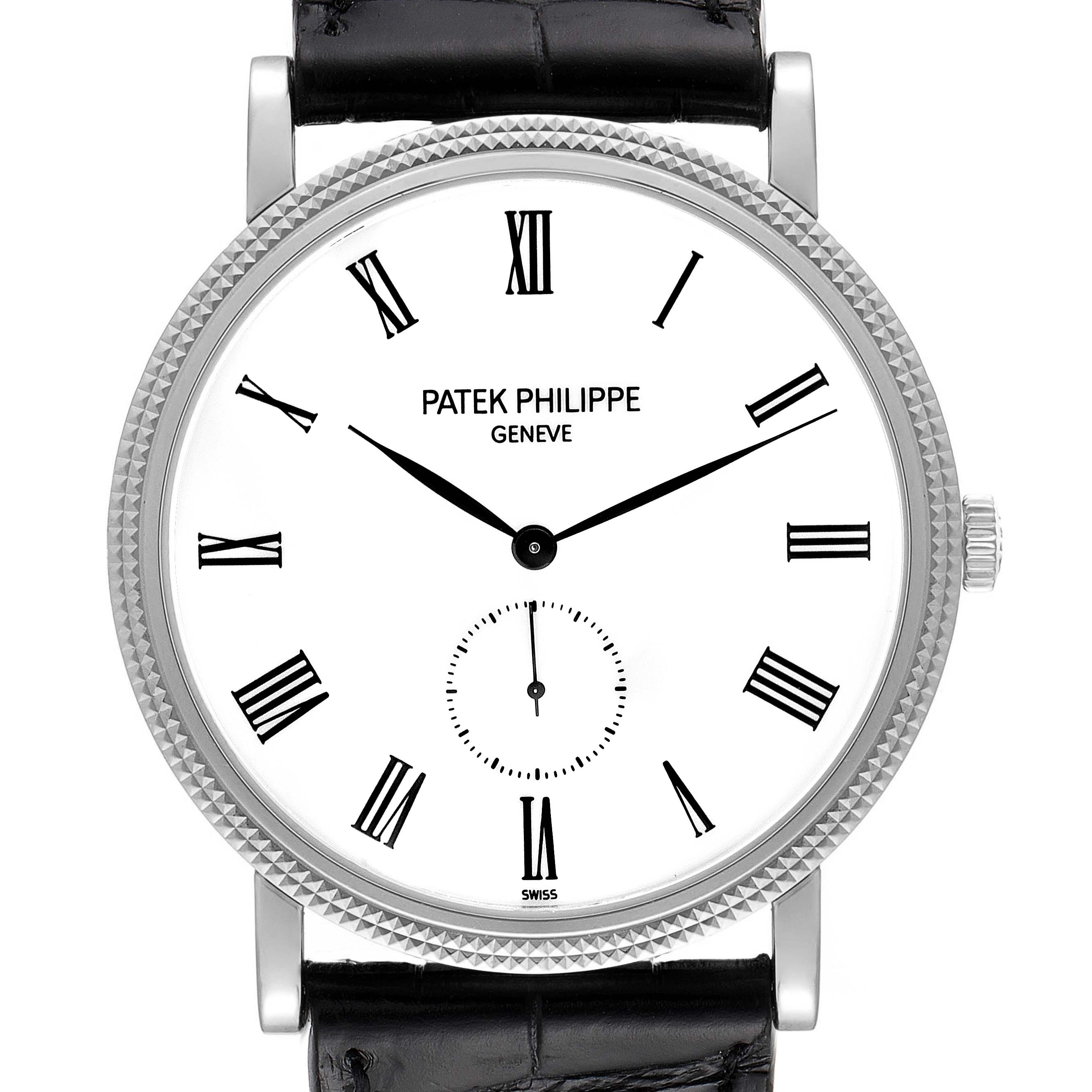 This image shows a frontal view of the Patek Philippe Calatrava 5119G Men
s White Gold White Dial 5119G Men
s White Gold White Dial watch, highlighting its dial and leather strap.