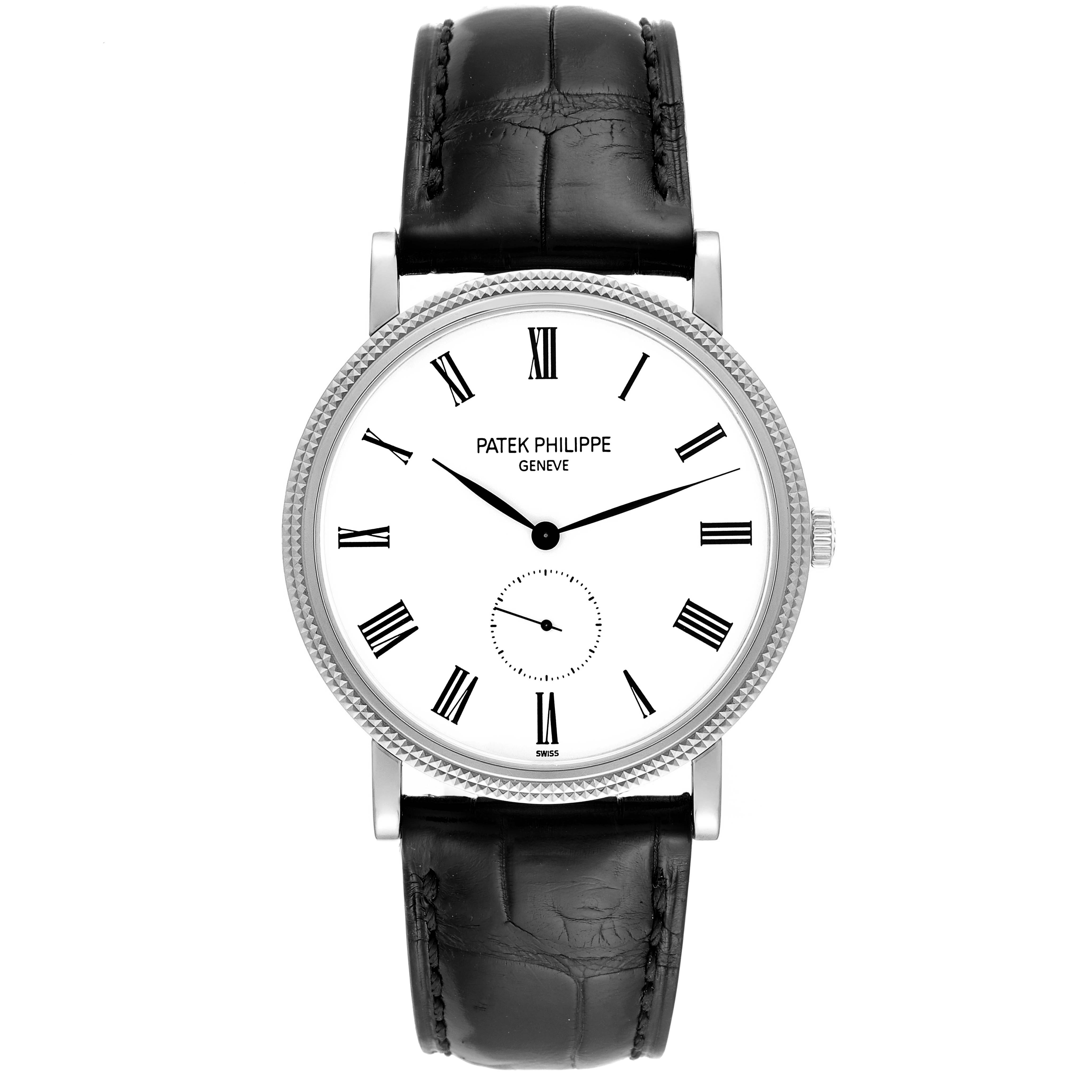 This image shows a front view of the Patek Philippe Calatrava 5119G Men
s White Gold White Dial 5119G Men
s White Gold White Dial watch, highlighting its face, bezel, and leather strap.