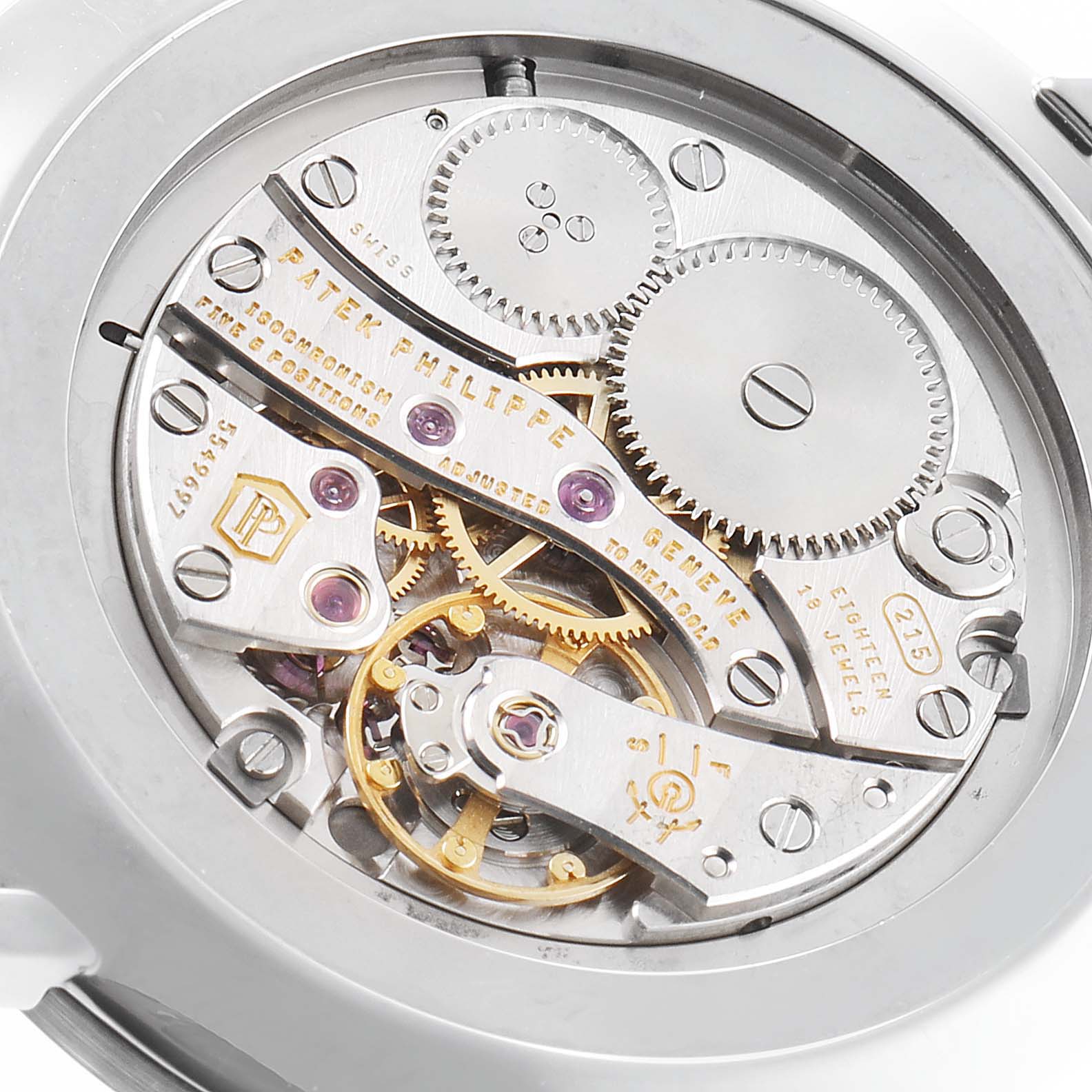 This image shows the movement mechanism of a Patek Philippe Calatrava 5119G Men
s White Gold White Dial 5119G Men
s White Gold White Dial watch from the back.