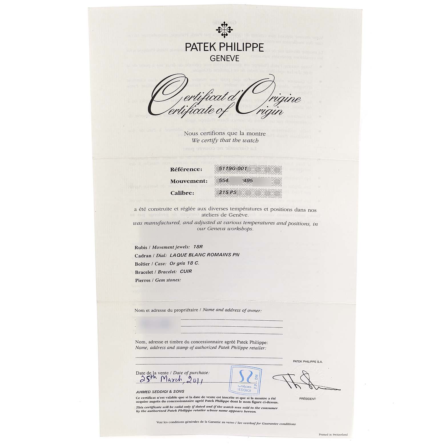 The image shows a Certificate of Origin for the Patek Philippe Calatrava 5119G Men
s White Gold White Dial 5119G Men
s White Gold White Dial model watch, detailing its specifications and purchase date.