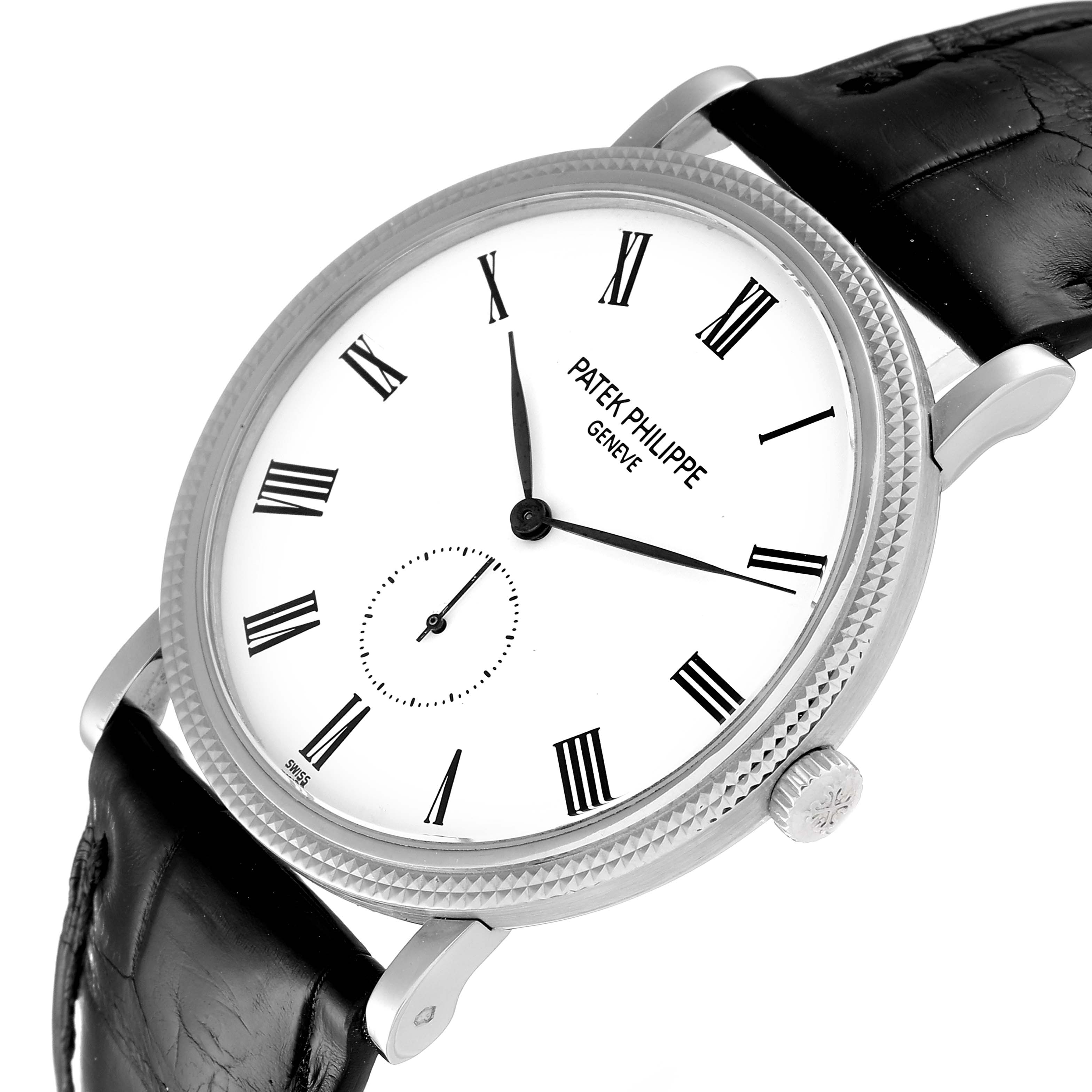 The image shows a slight angled view of a Patek Philippe Calatrava 5119G Men
s White Gold White Dial 5119G Men
s White Gold White Dial watch, highlighting the dial, case, crown, and leather strap.