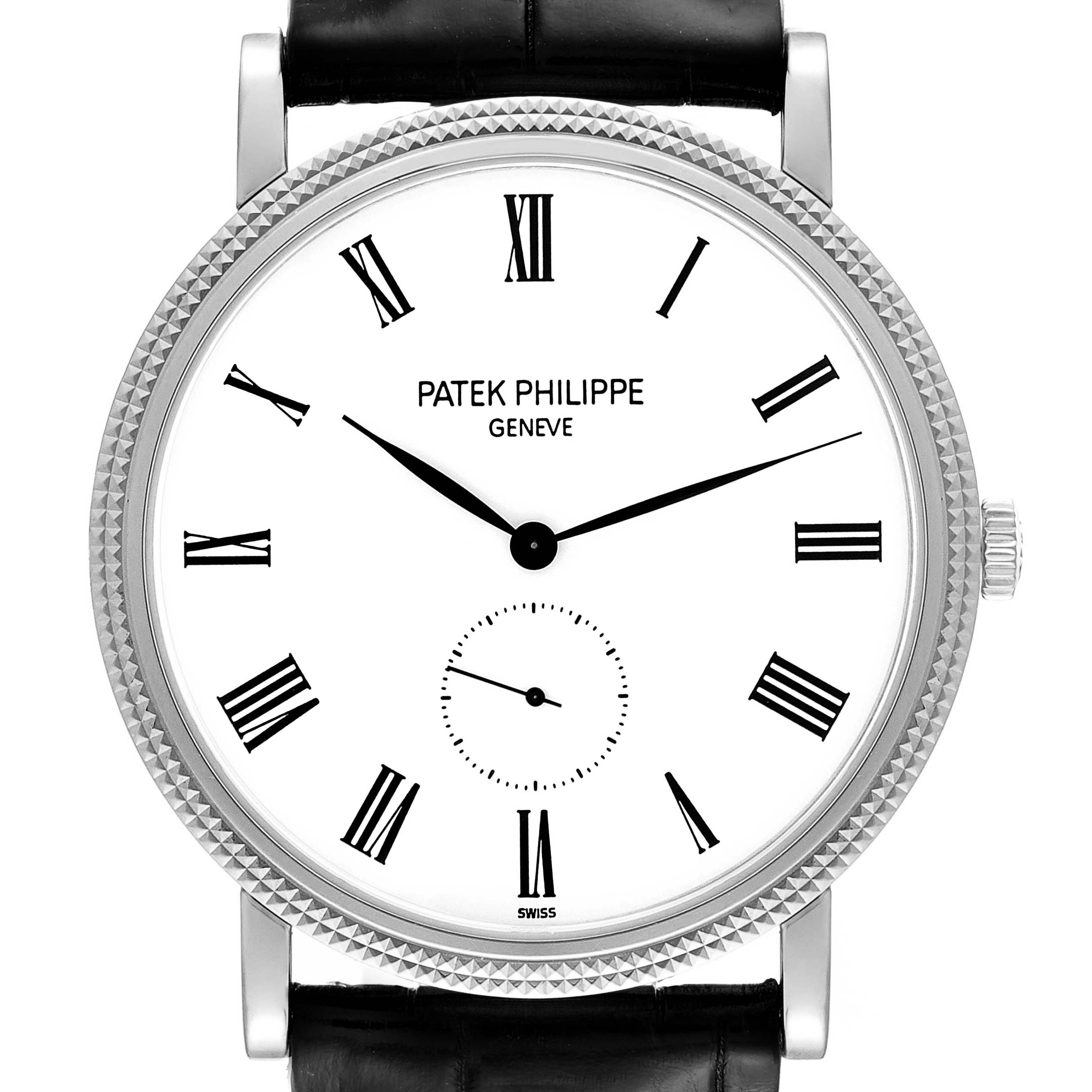The image shows a front view of the Patek Philippe Calatrava 5119G Men
s White Gold White Dial 5119G Men
s White Gold White Dial watch, highlighting the face, hands, and leather strap.