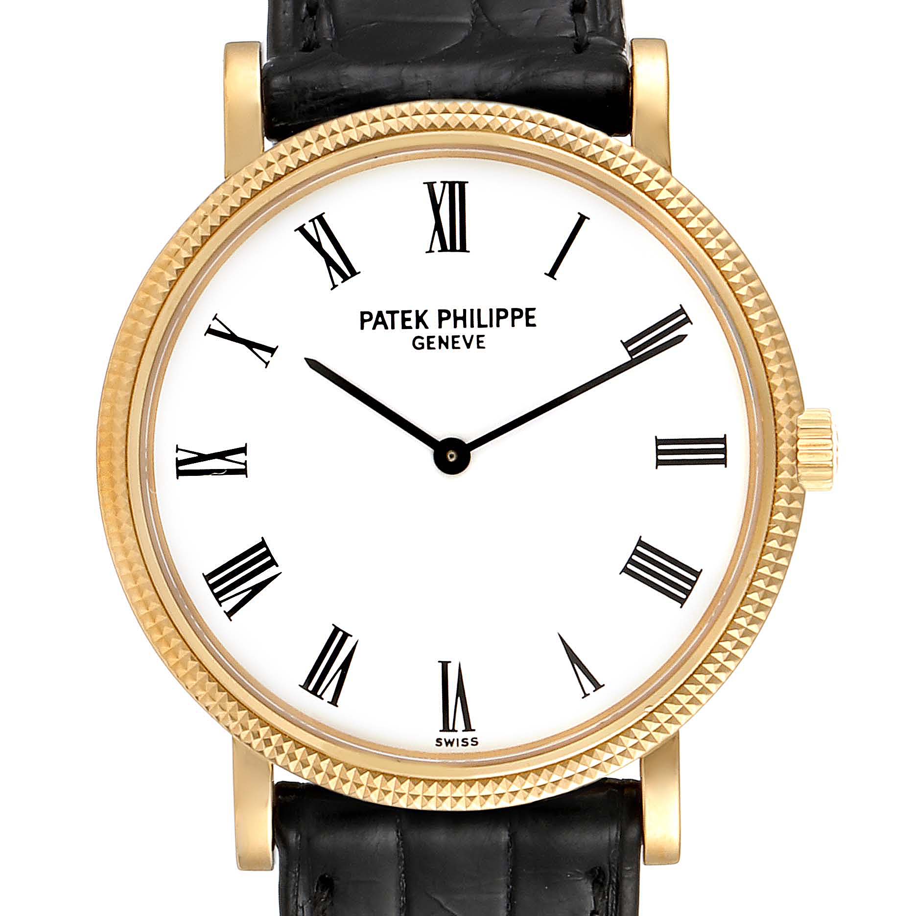 This is a frontal view of a Patek Philippe Calatrava 5120J Men's Yellow Gold White Dial 5120J Men's Yellow Gold White Dial watch, showing the watch face, bezel, and partial leather strap.