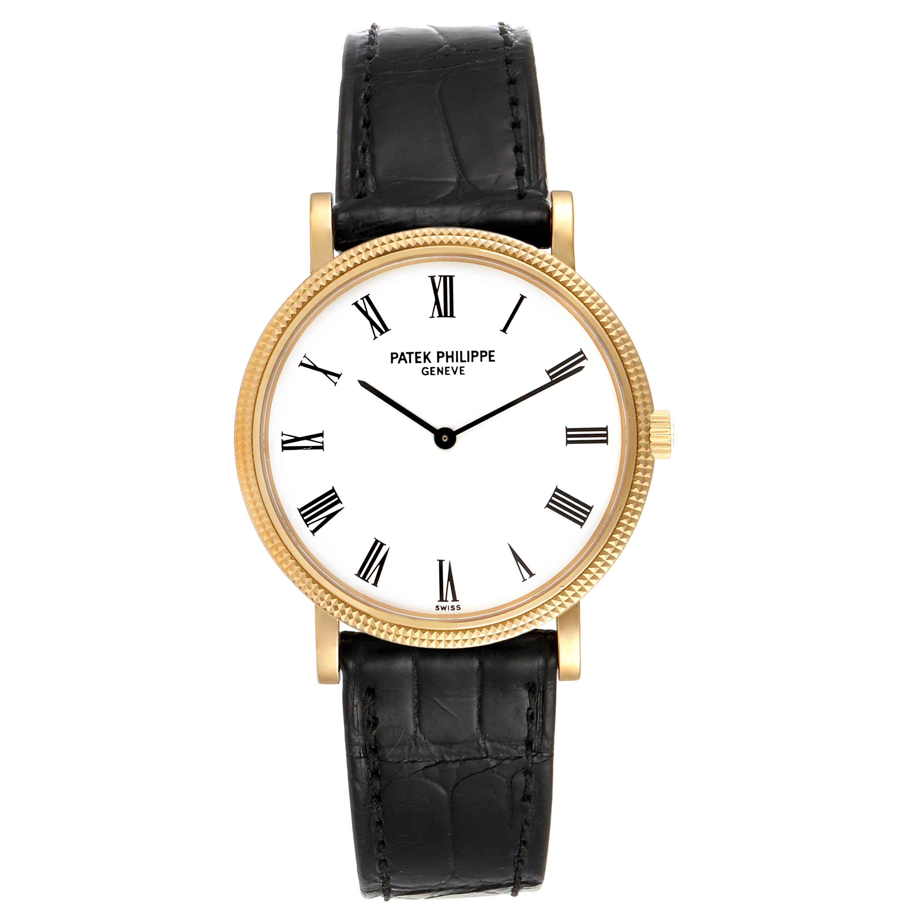 The Patek Philippe Calatrava 5120J Men's Yellow Gold White Dial 5120J Men's Yellow Gold White Dial model is shown from the front, displaying its dial, case, bezel, hands, and strap.