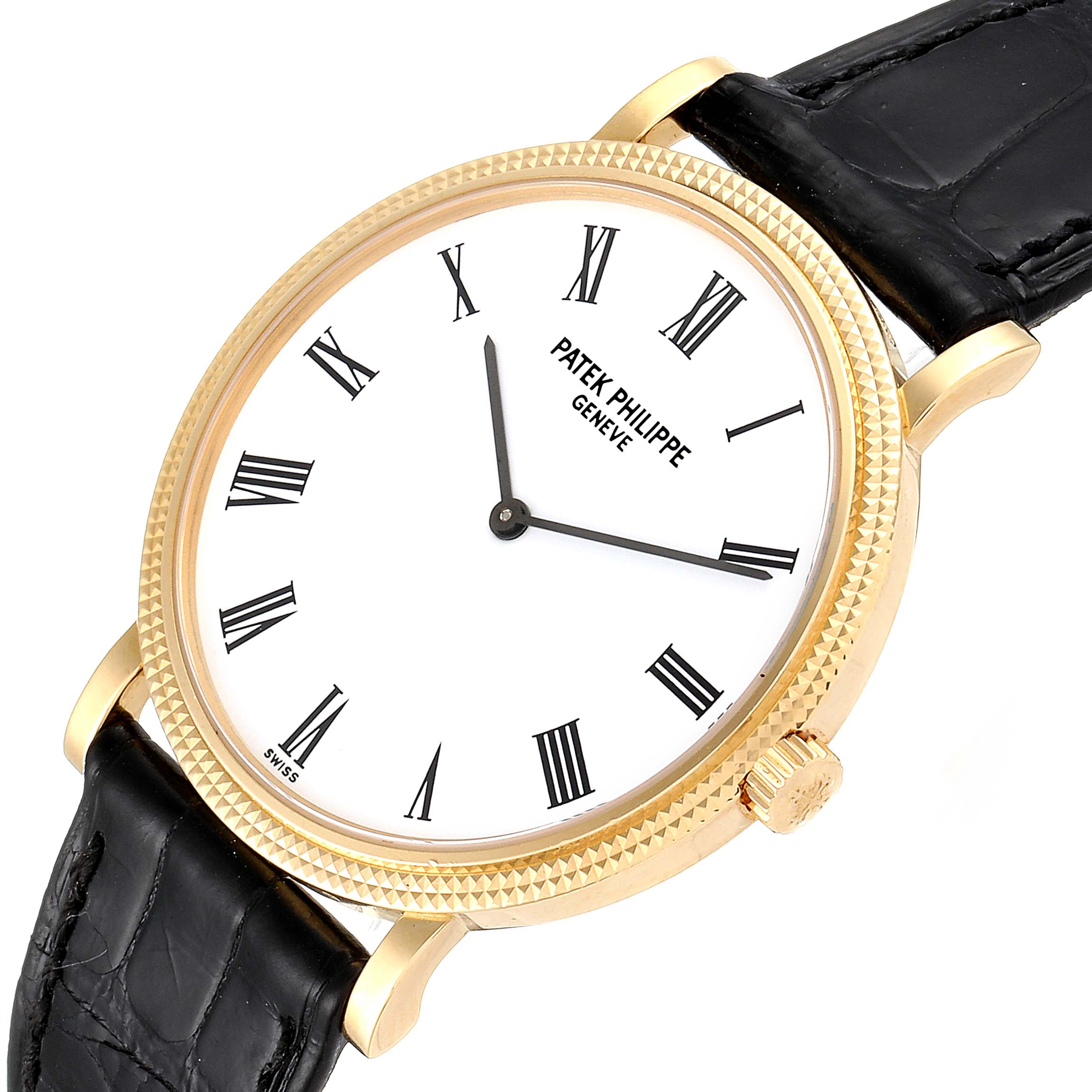 This image shows a Patek Philippe Calatrava 5120J Men's Yellow Gold White Dial 5120J Men's Yellow Gold White Dial watch, highlighting its face, crown, and black leather strap from a slight angle.