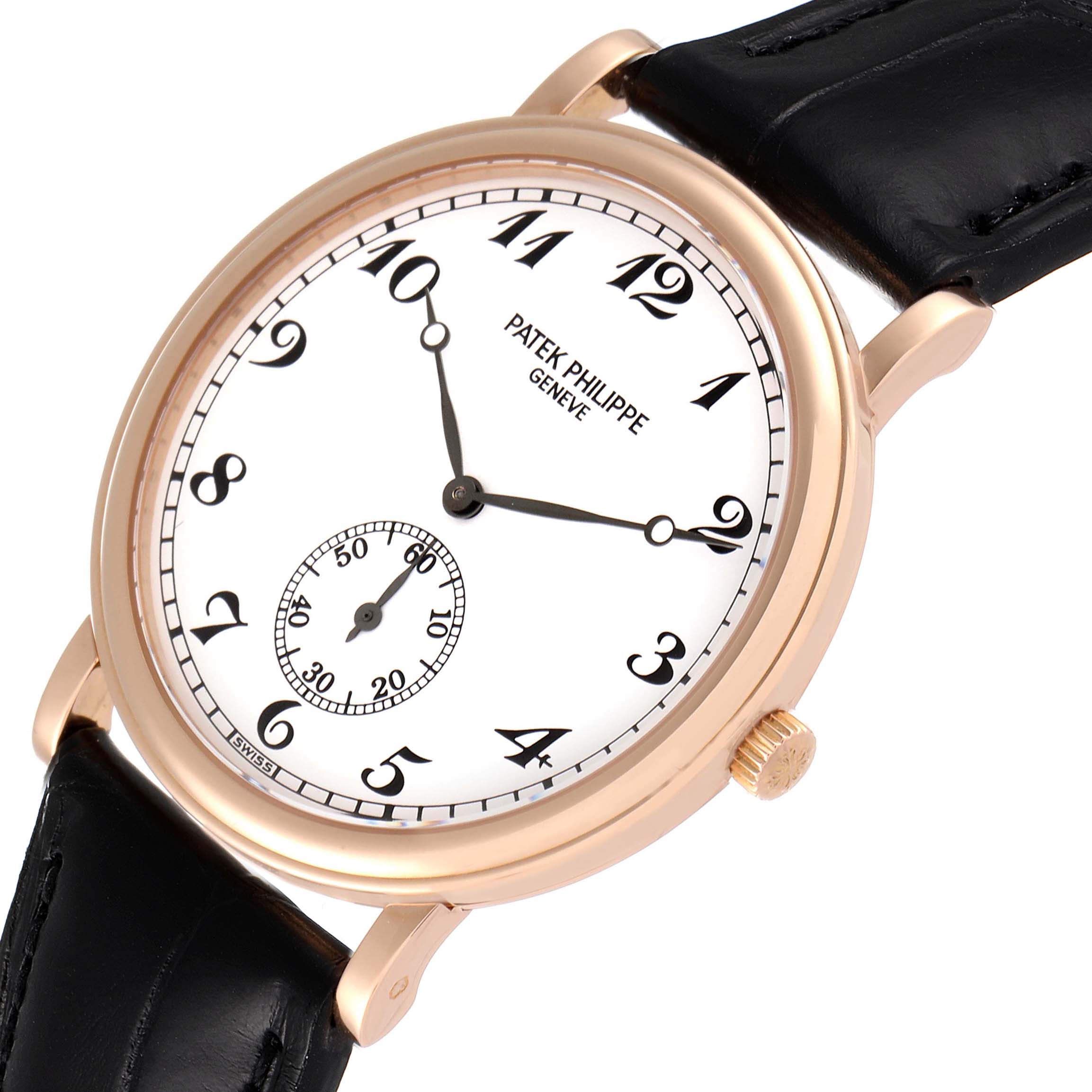 The image shows a Patek Philippe Calatrava 5022R Men
s Rose Gold White Dial 5022R Men
s Rose Gold White Dial watch angled slightly from the front, displaying its dial, hands, and black leather strap.
