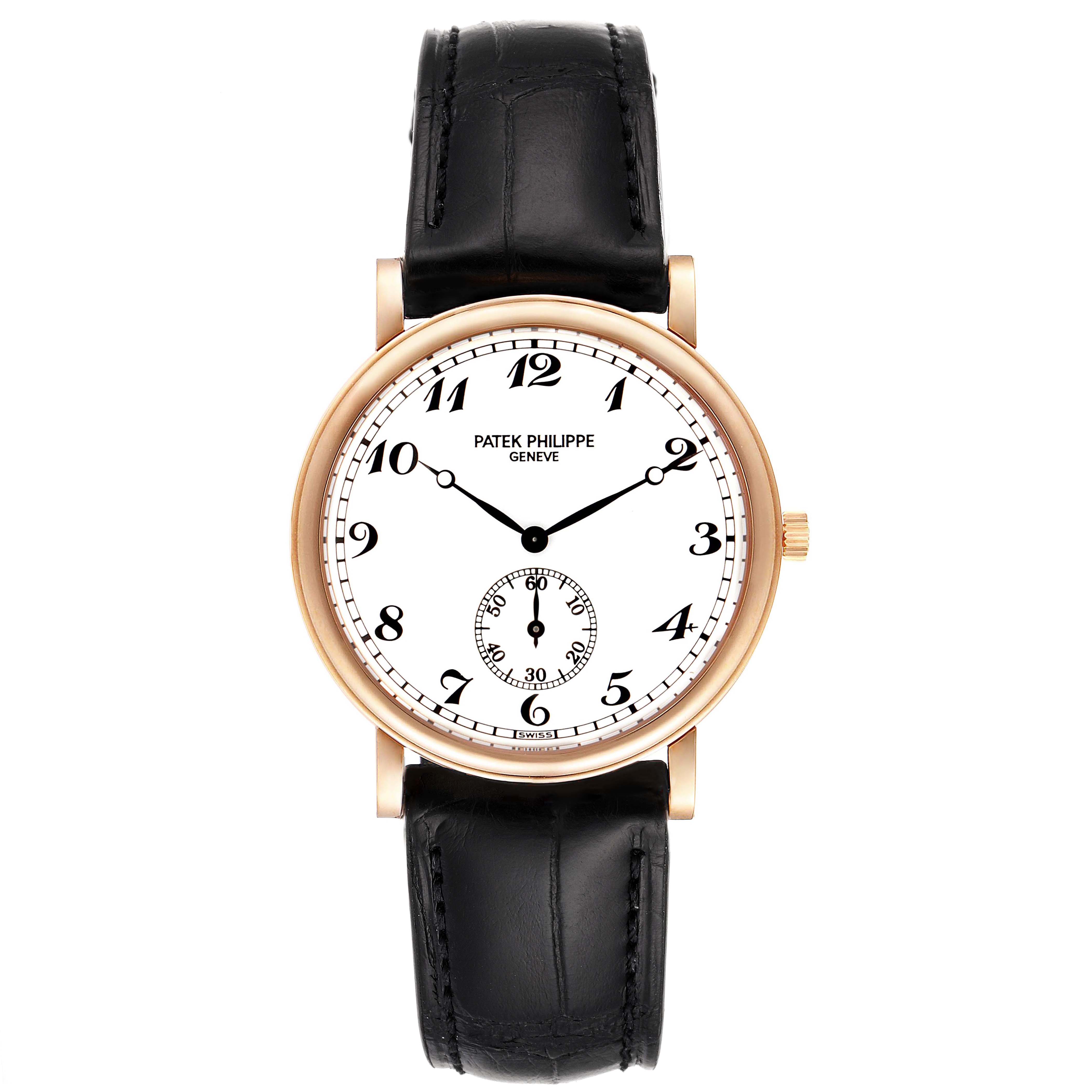 The image shows a front view of a Patek Philippe Calatrava 5022R Men
s Rose Gold White Dial 5022R Men
s Rose Gold White Dial watch with a black leather strap and white dial.