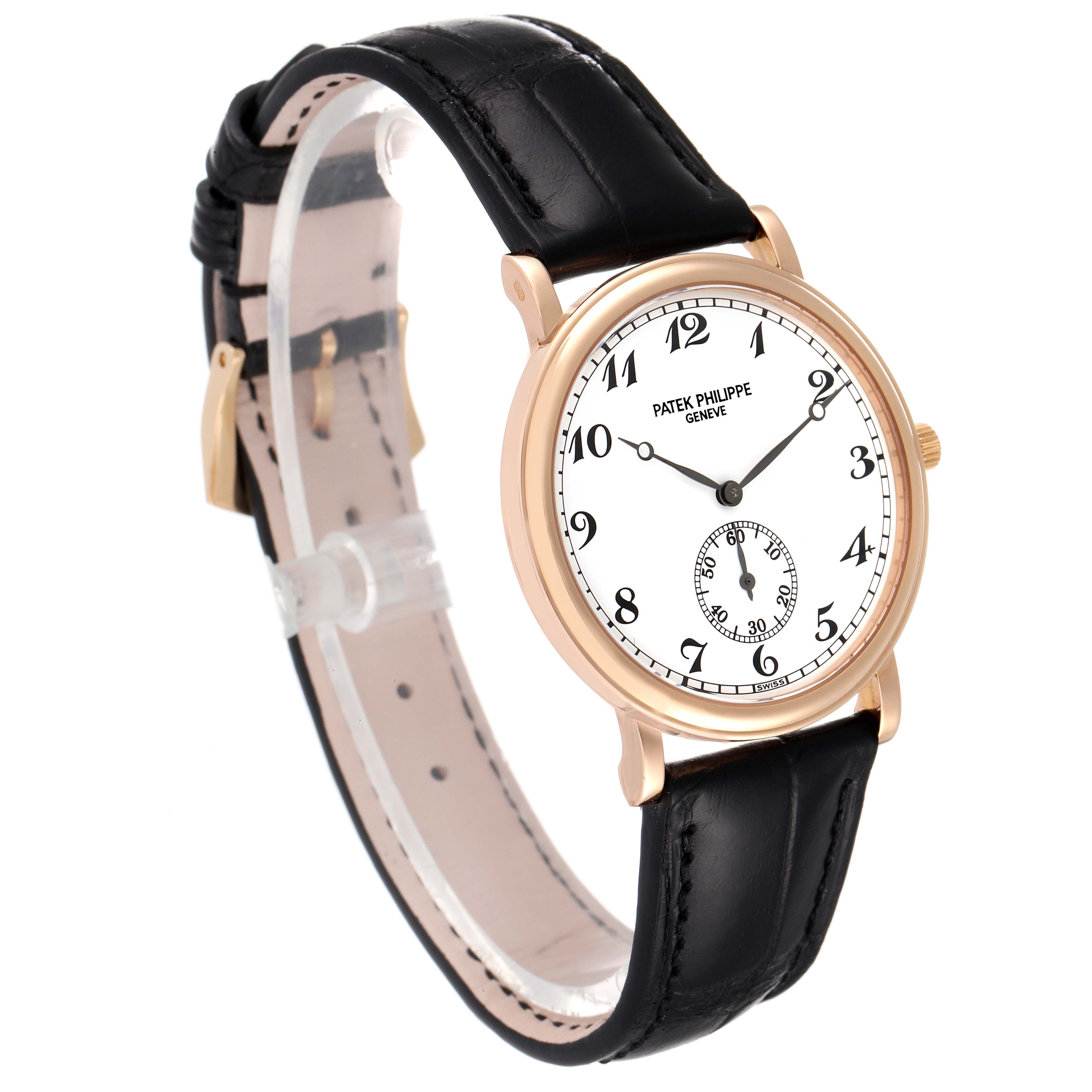 The image shows a side view angle of the Patek Philippe Calatrava 5022R Men
s Rose Gold White Dial 5022R Men
s Rose Gold White Dial watch with a black leather strap and a white dial.