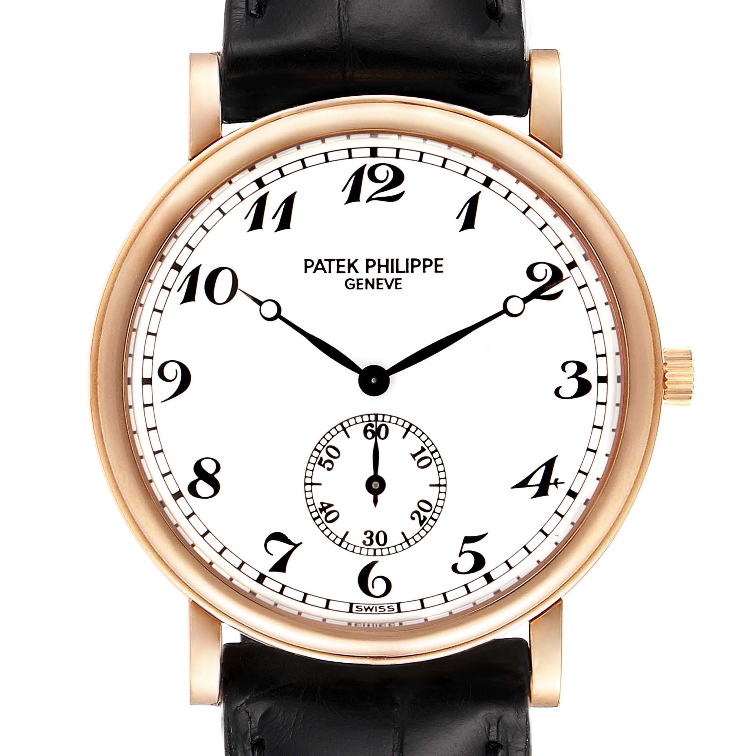 The image shows a frontal view of the Patek Philippe Calatrava 5022R Men
s Rose Gold White Dial 5022R Men
s Rose Gold White Dial watch, showcasing the dial, hands, and crown.
