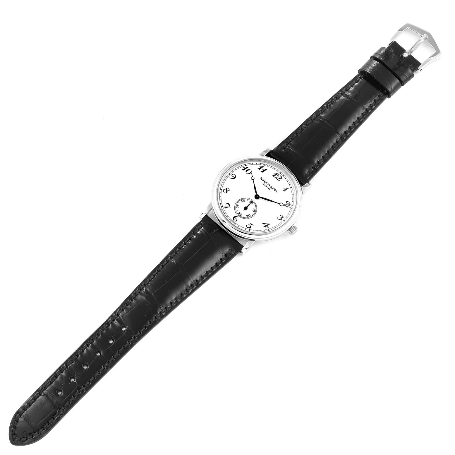 This image shows a Patek Philippe Calatrava 5022G Men's White Gold White Dial 5022G Men's White Gold White Dial watch from a top-down angle, displaying its face, black leather strap, and clasp.