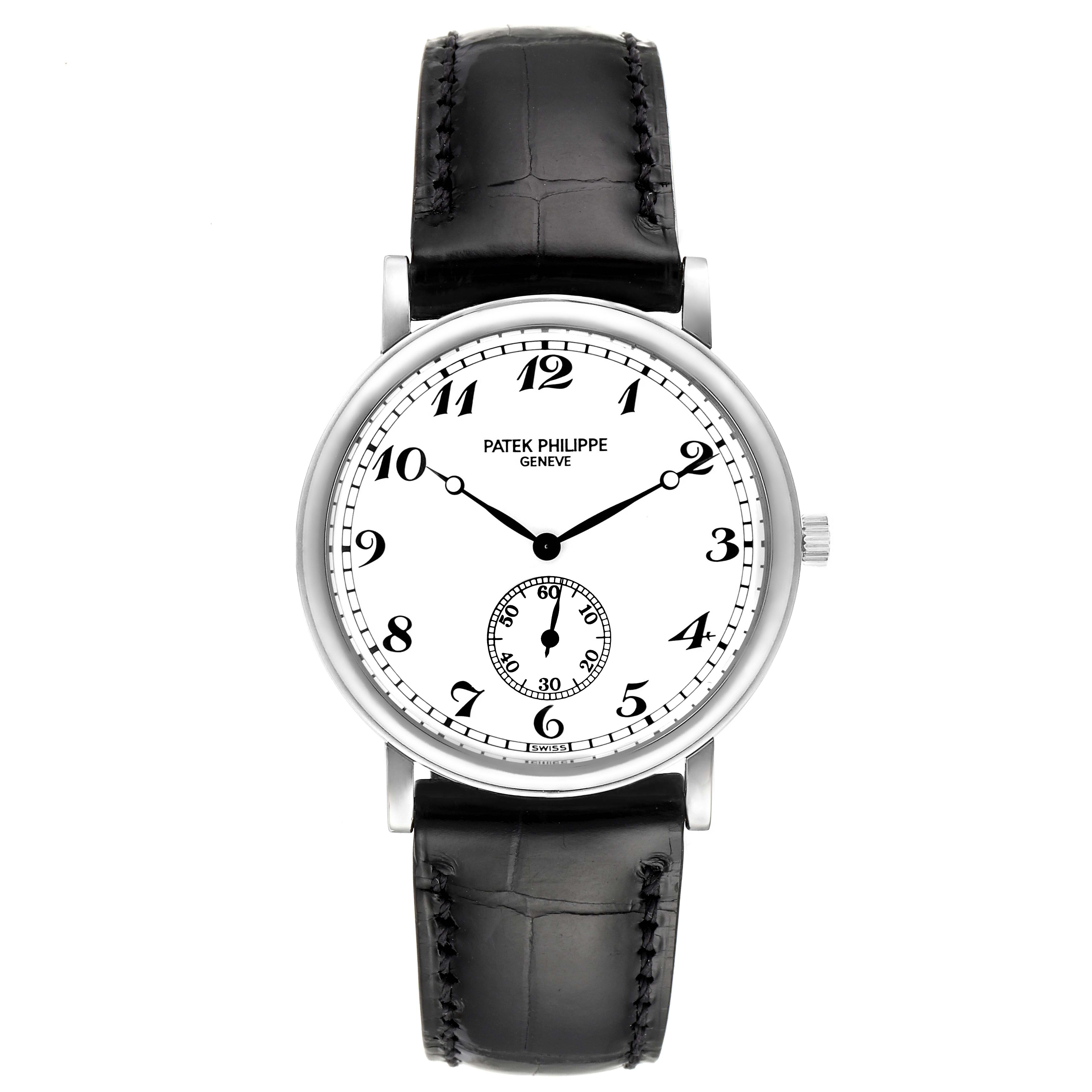 The image shows a front view of a Patek Philippe Calatrava 5022G Men's White Gold White Dial 5022G Men's White Gold White Dial watch, displaying the dial, case, and leather strap.
