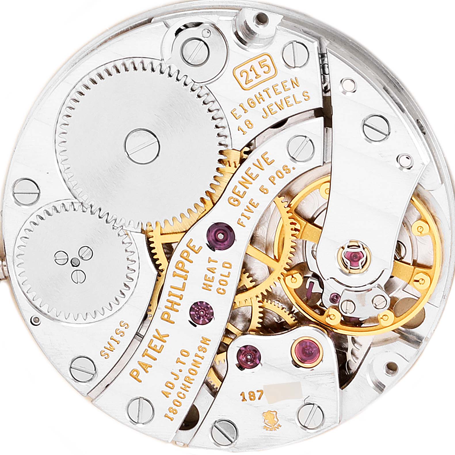 This is a close-up view of the internal movement of the Patek Philippe Calatrava 5022G Men's White Gold White Dial 5022G Men's White Gold White Dial watch model.