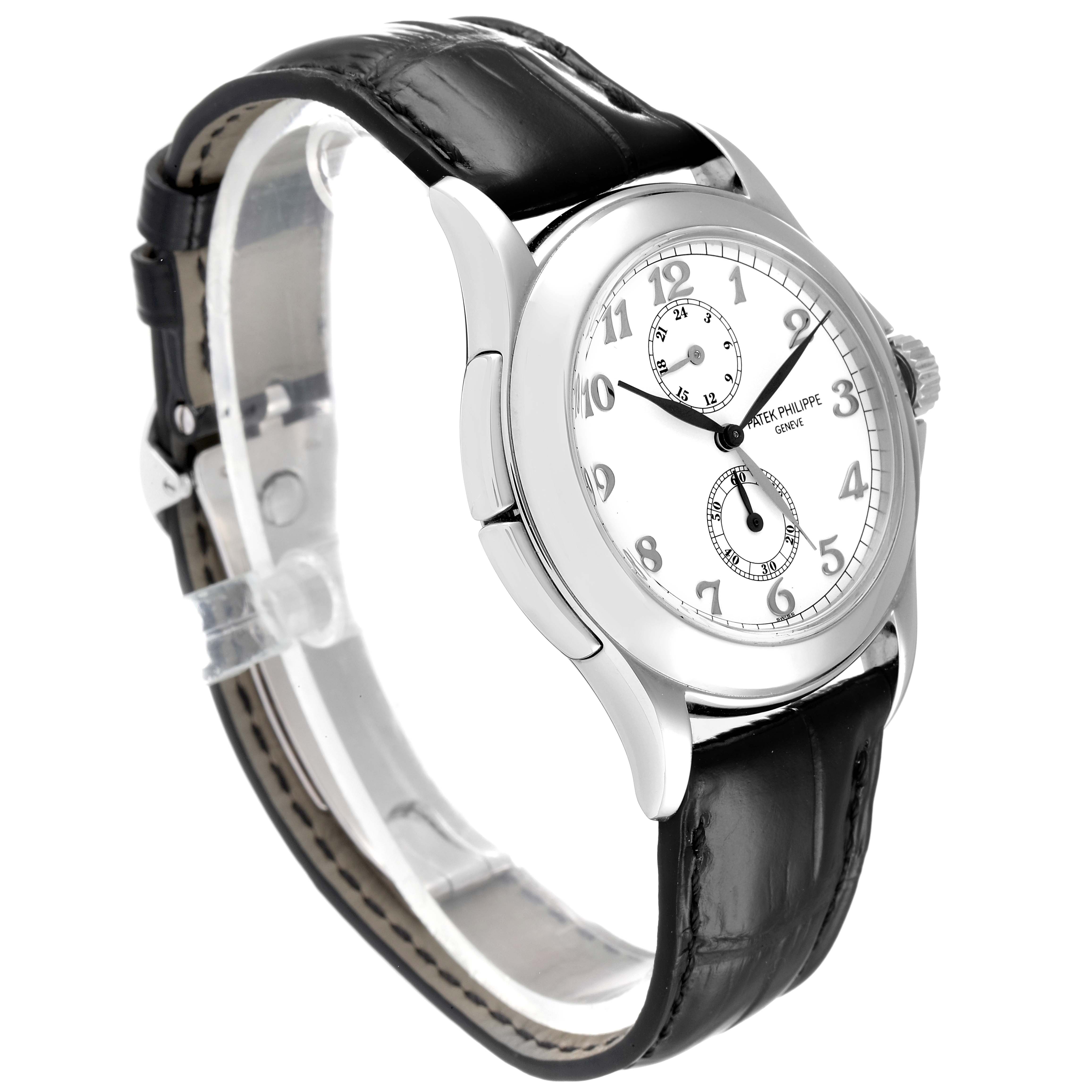 This image shows a side angle of the Patek Philippe Calatrava 5134G Men
s White Gold White Dial 5134G Men
s White Gold White Dial watch, highlighting the case, dial, crown, and leather strap.