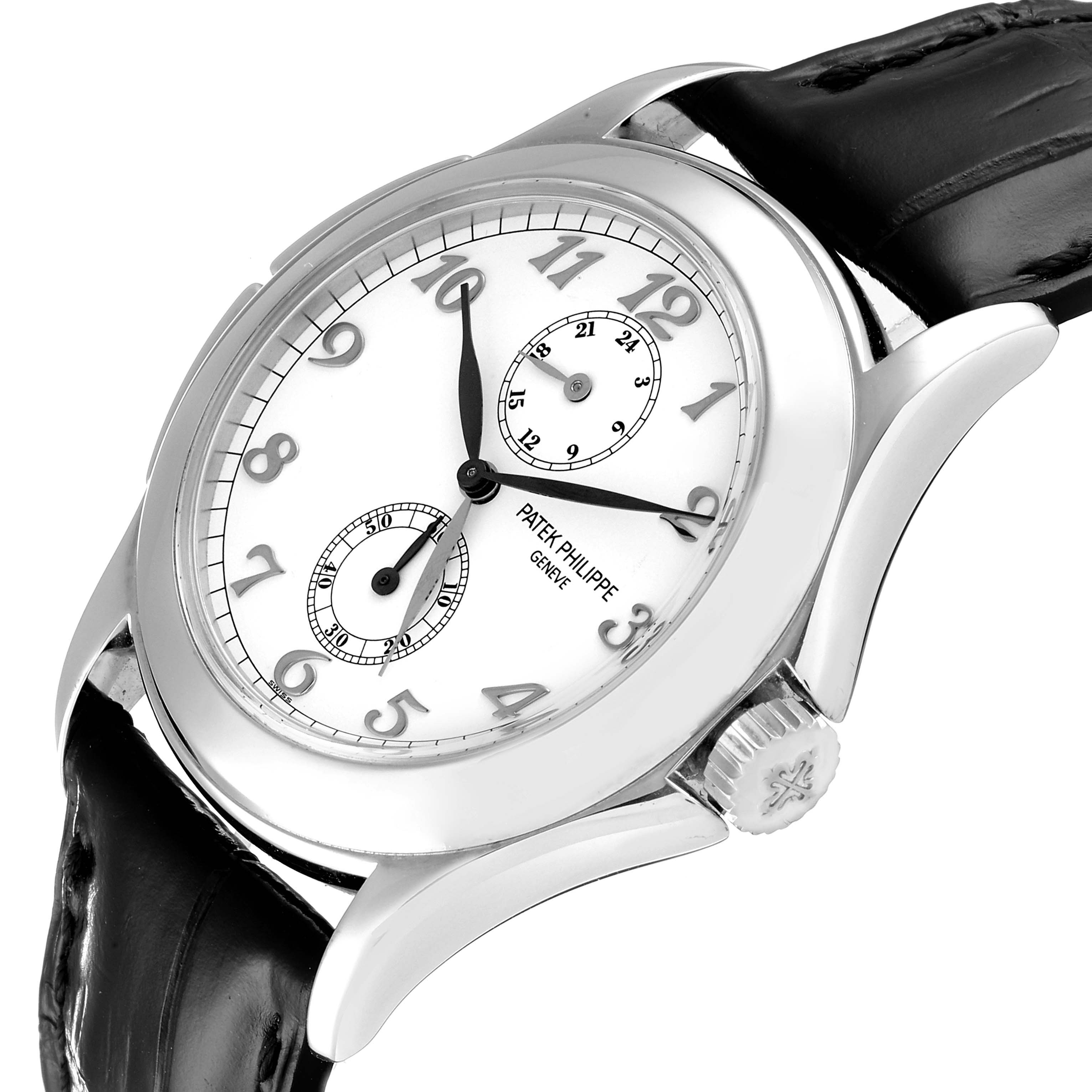 This image shows a Patek Philippe Calatrava 5134G Men
s White Gold White Dial 5134G Men
s White Gold White Dial watch from a slight angle, highlighting its face, crown, and leather strap.