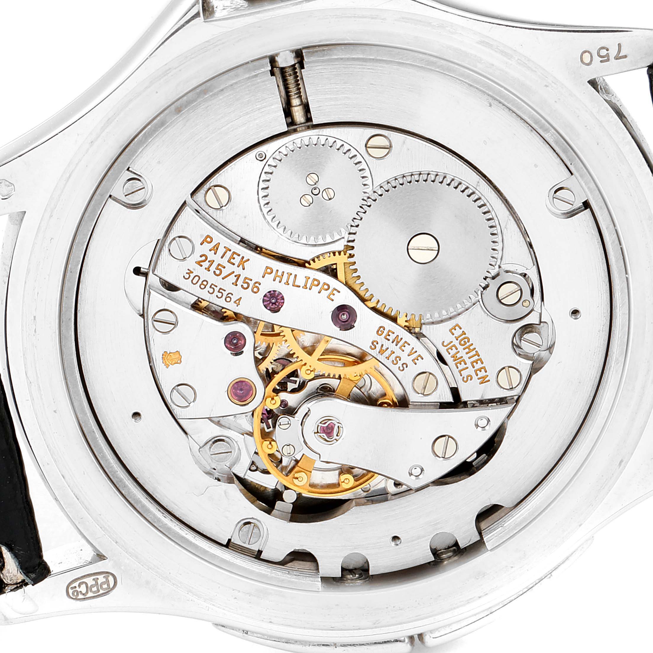 This image shows the exposed movement mechanism of the Patek Philippe Calatrava 5134G Men
s White Gold White Dial 5134G Men
s White Gold White Dial watch from a back angle.
