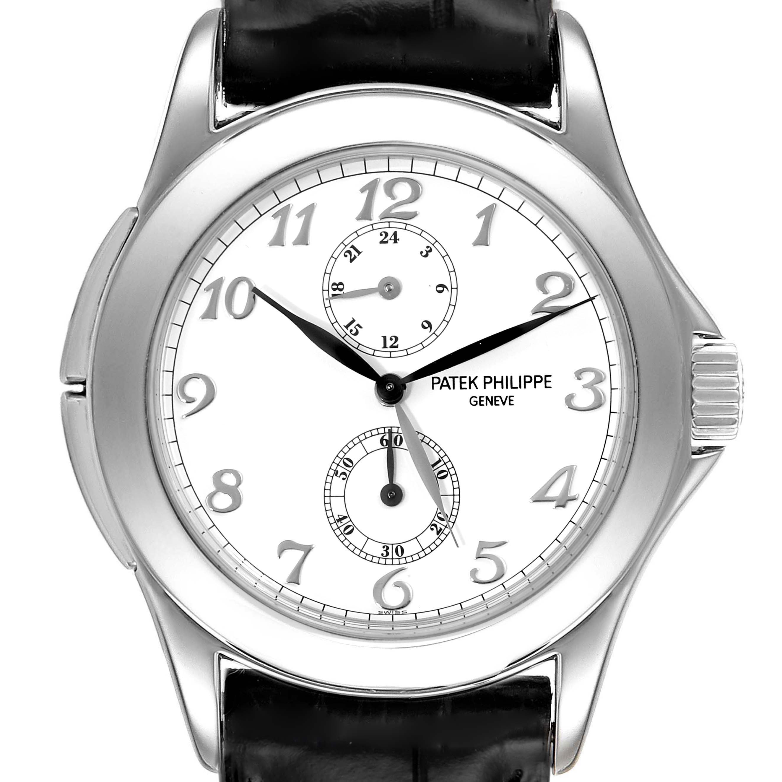 This image shows a front view of the Patek Philippe Calatrava 5134G Men
s White Gold White Dial 5134G Men
s White Gold White Dial watch, highlighting the dial, hands, and case.
