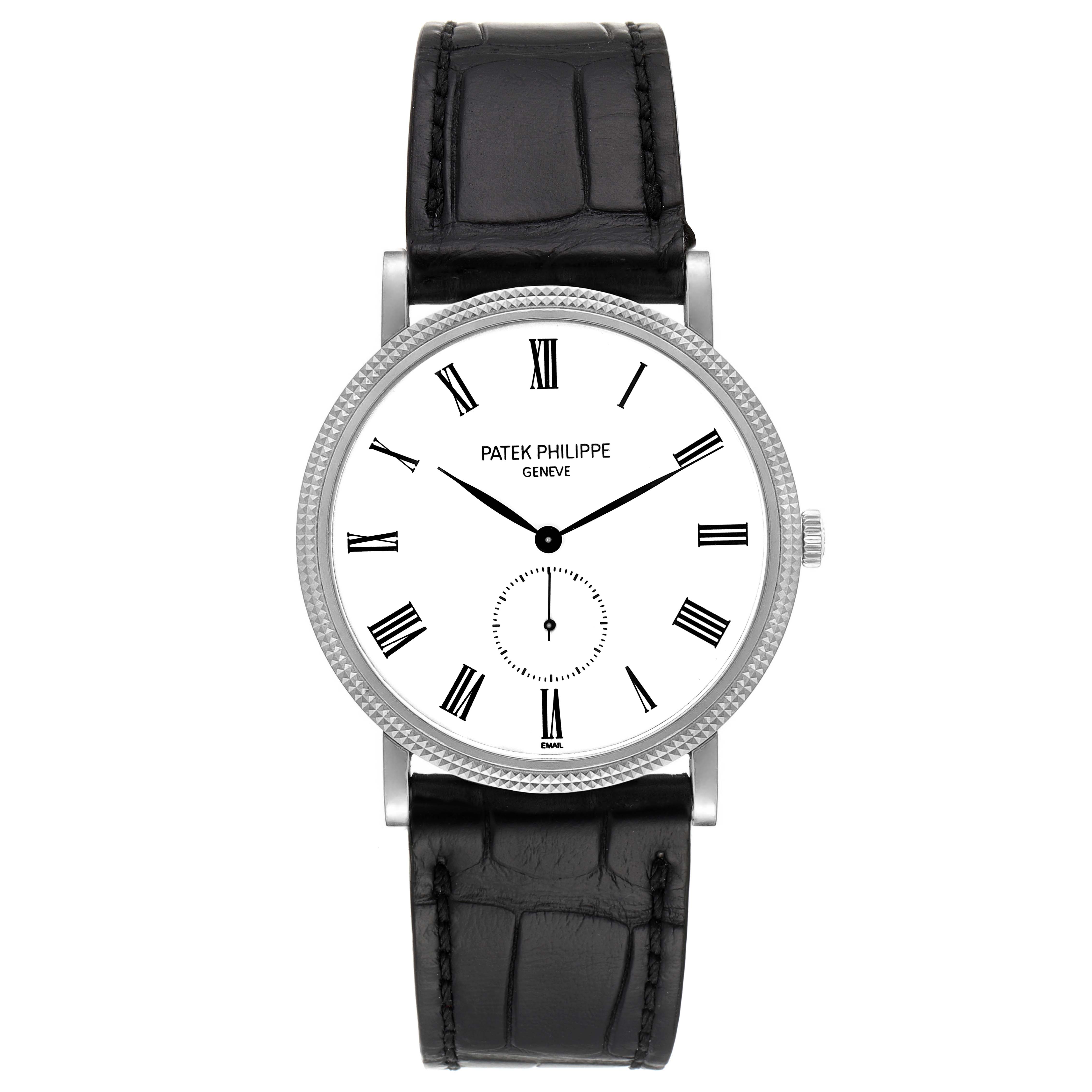The image shows a front view of the Patek Philippe Calatrava 5116G Men
s White Gold White Dial 5116G Men
s White Gold White Dial watch, highlighting its dial, bezel, and leather strap.
