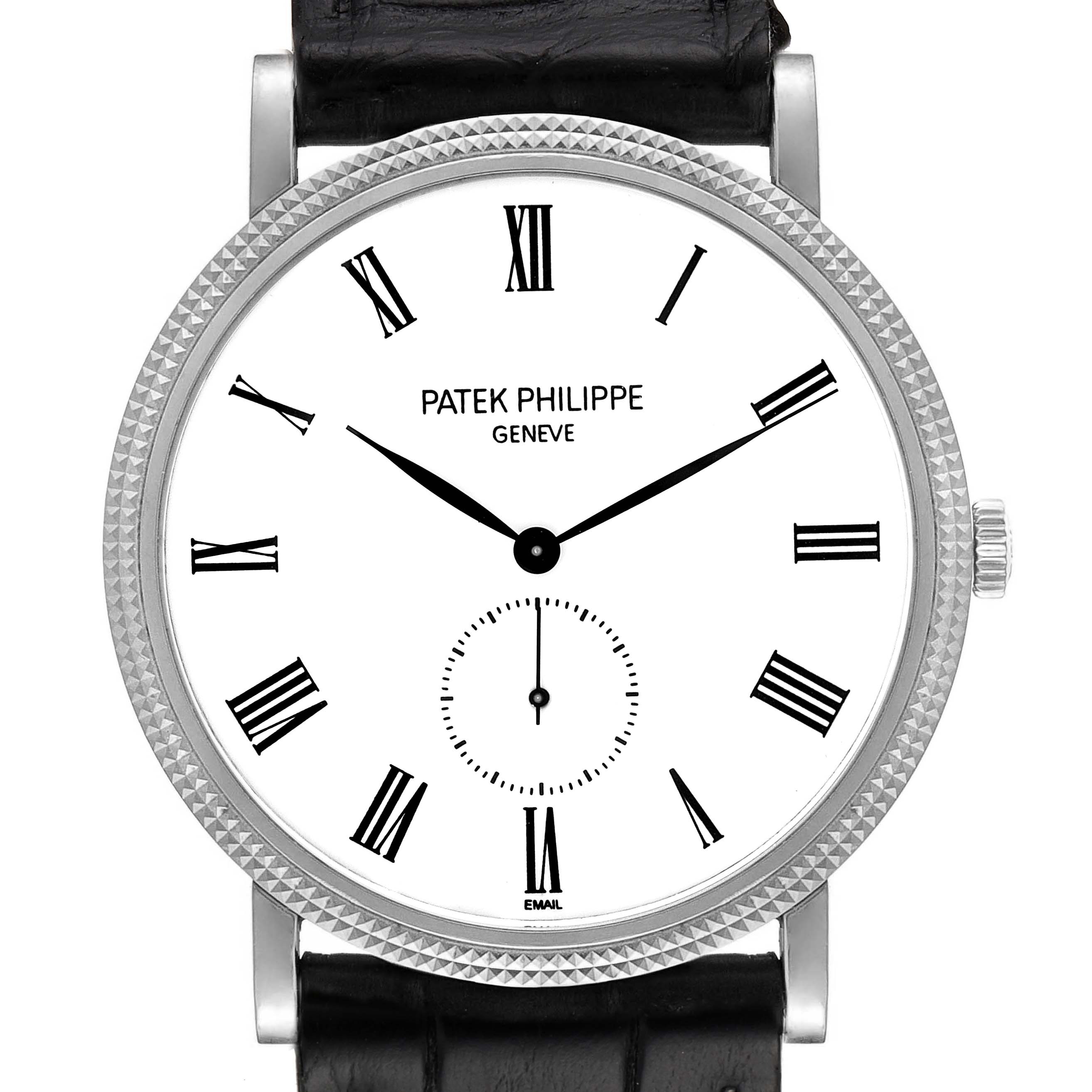The Patek Philippe Calatrava 5116G Men
s White Gold White Dial 5116G Men
s White Gold White Dial watch is shown from a front angle, highlighting its white dial, black Roman numerals, and leather strap.