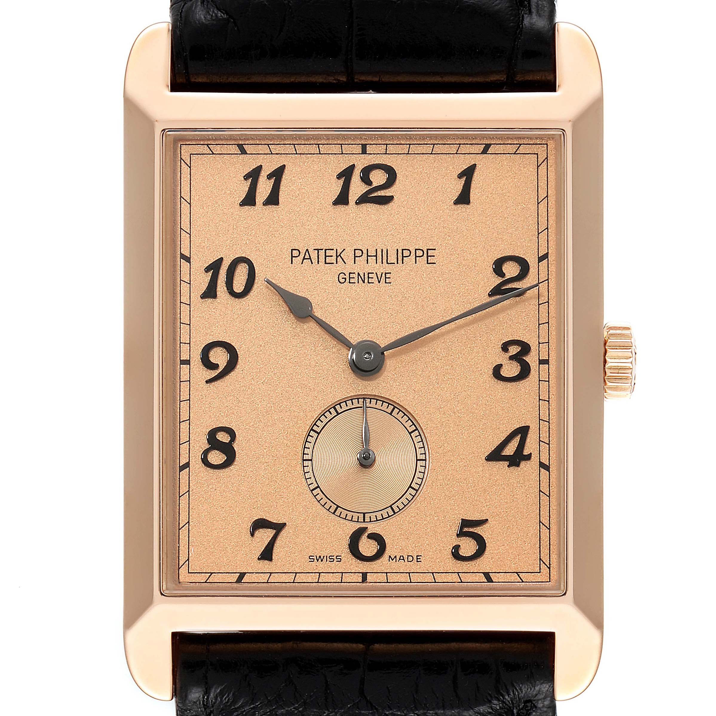 The image shows a frontal view of a Patek Philippe Gondolo 5109R Men's Rose Gold Pink Dial 5109R Men's Rose Gold Pink Dial watch, highlighting its rectangular case, dial, and hands.