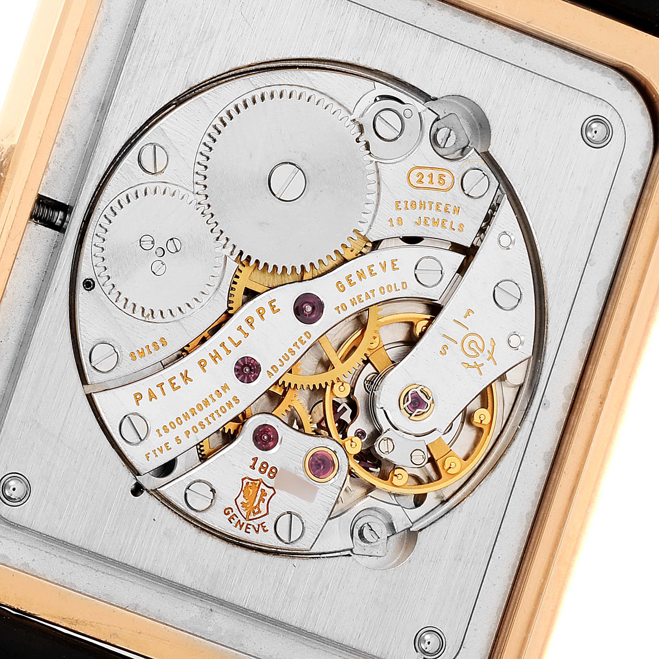 The image shows a top view of the Patek Philippe Gondolo 5109R Men's Rose Gold Pink Dial 5109R Men's Rose Gold Pink Dial watch's intricate movement mechanism.