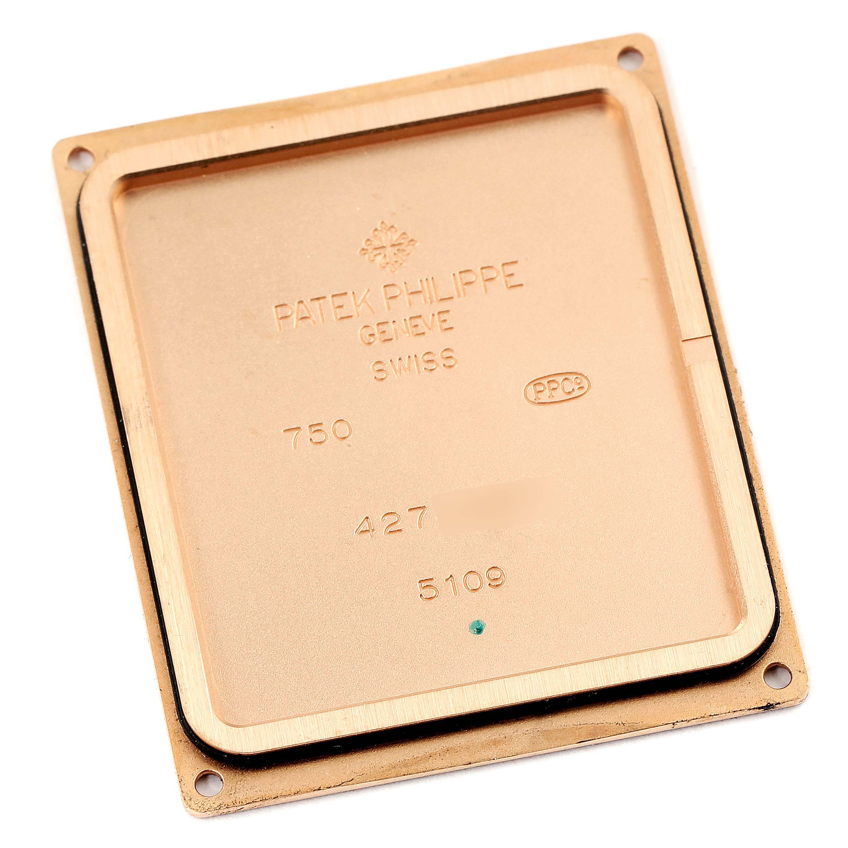 The image shows the back cover of a Patek Philippe Gondolo 5109R Men's Rose Gold Pink Dial 5109R Men's Rose Gold Pink Dial watch, viewed from the inner side.