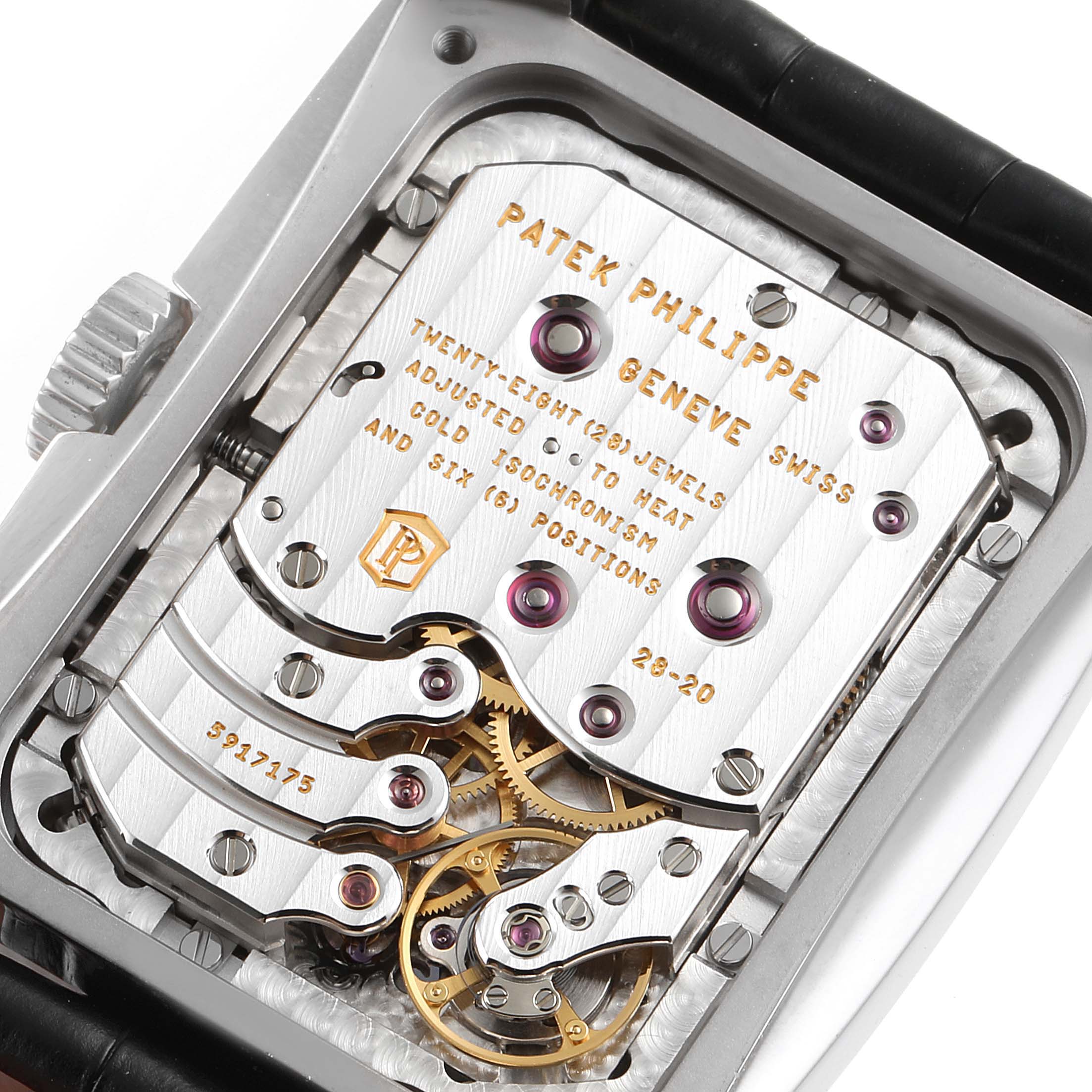 This image shows the intricate movement mechanism of the Patek Philippe Gondolo 5200G-001 Men's White Gold Blue Dial 5200G-001 Men's White Gold Blue Dial watch from a close-up, rear angle.