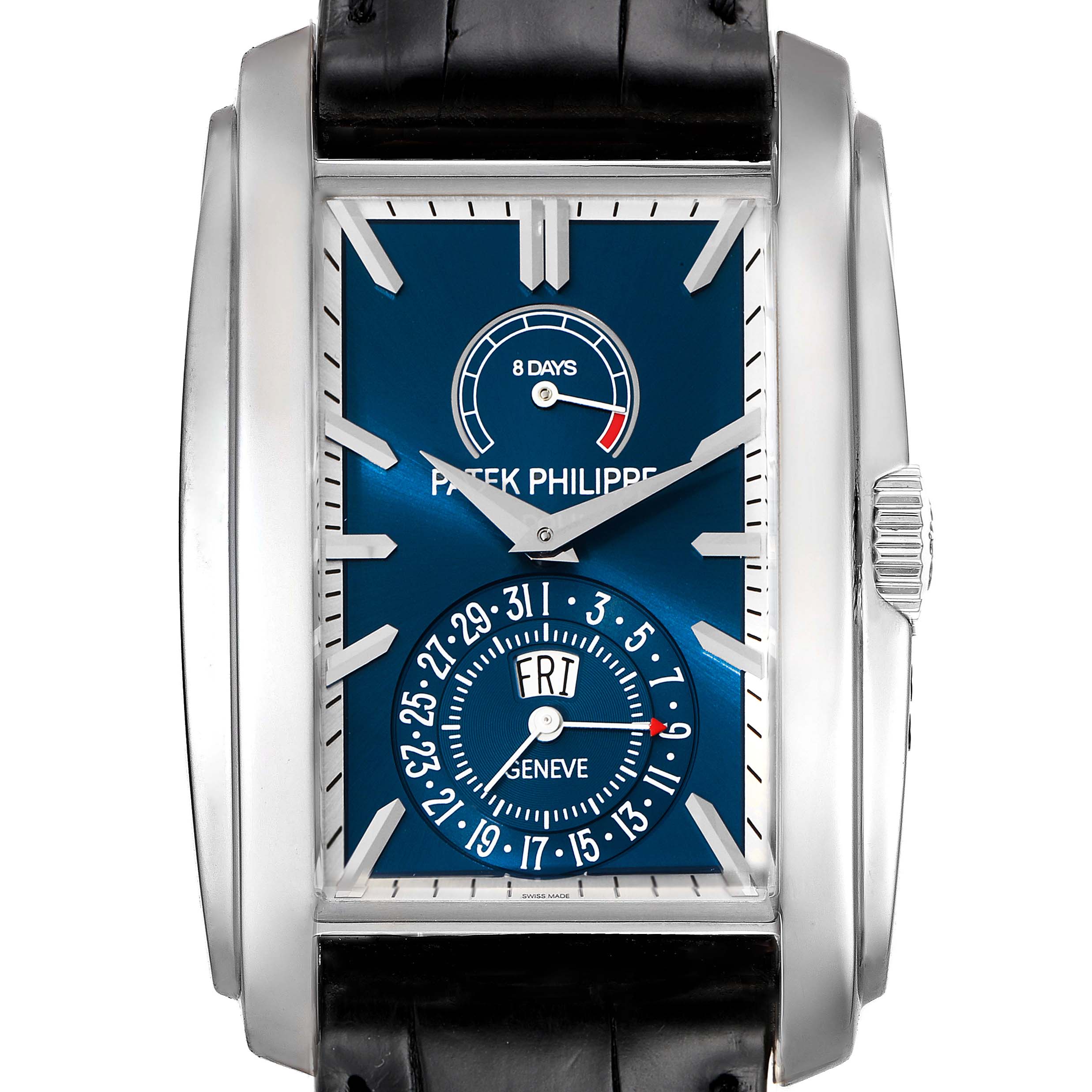 The image shows a front view of a Patek Philippe Gondolo 5200G-001 Men's White Gold Blue Dial 5200G-001 Men's White Gold Blue Dial watch, displaying the dial and the crown.