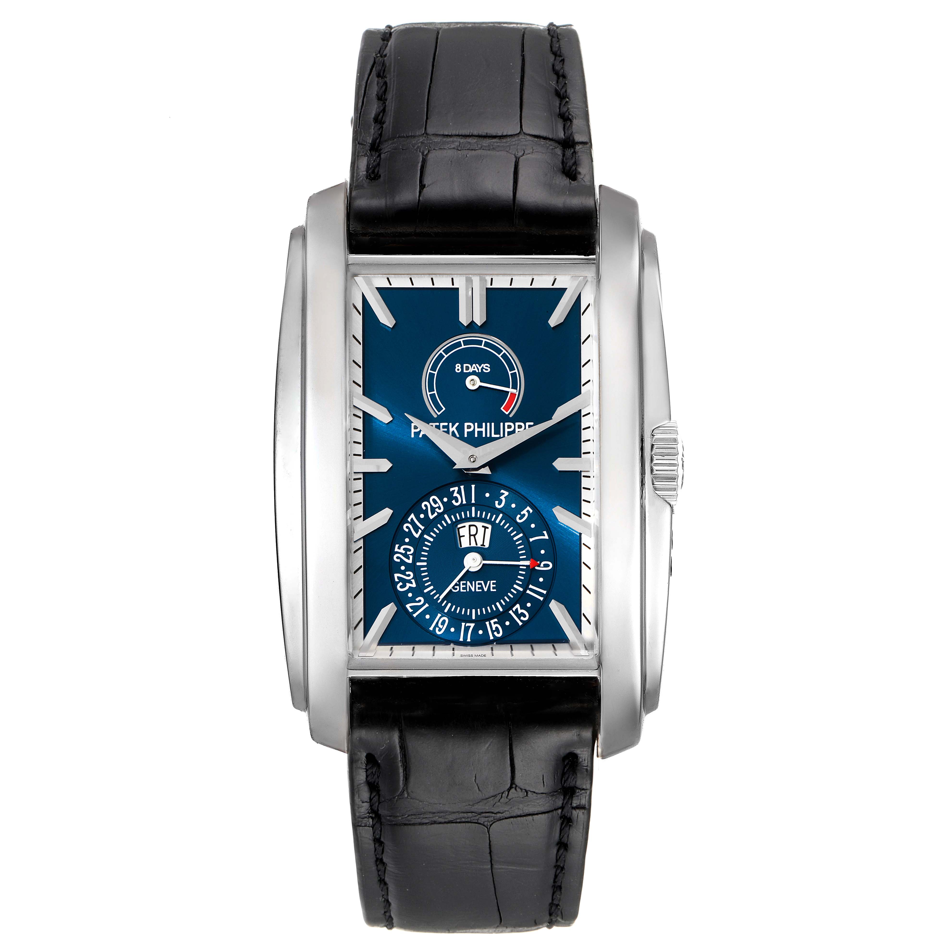 This is a front view of the Patek Philippe Gondolo 5200G-001 Men's White Gold Blue Dial 5200G-001 Men's White Gold Blue Dial watch, displaying its rectangular face, blue dial, and black leather strap.