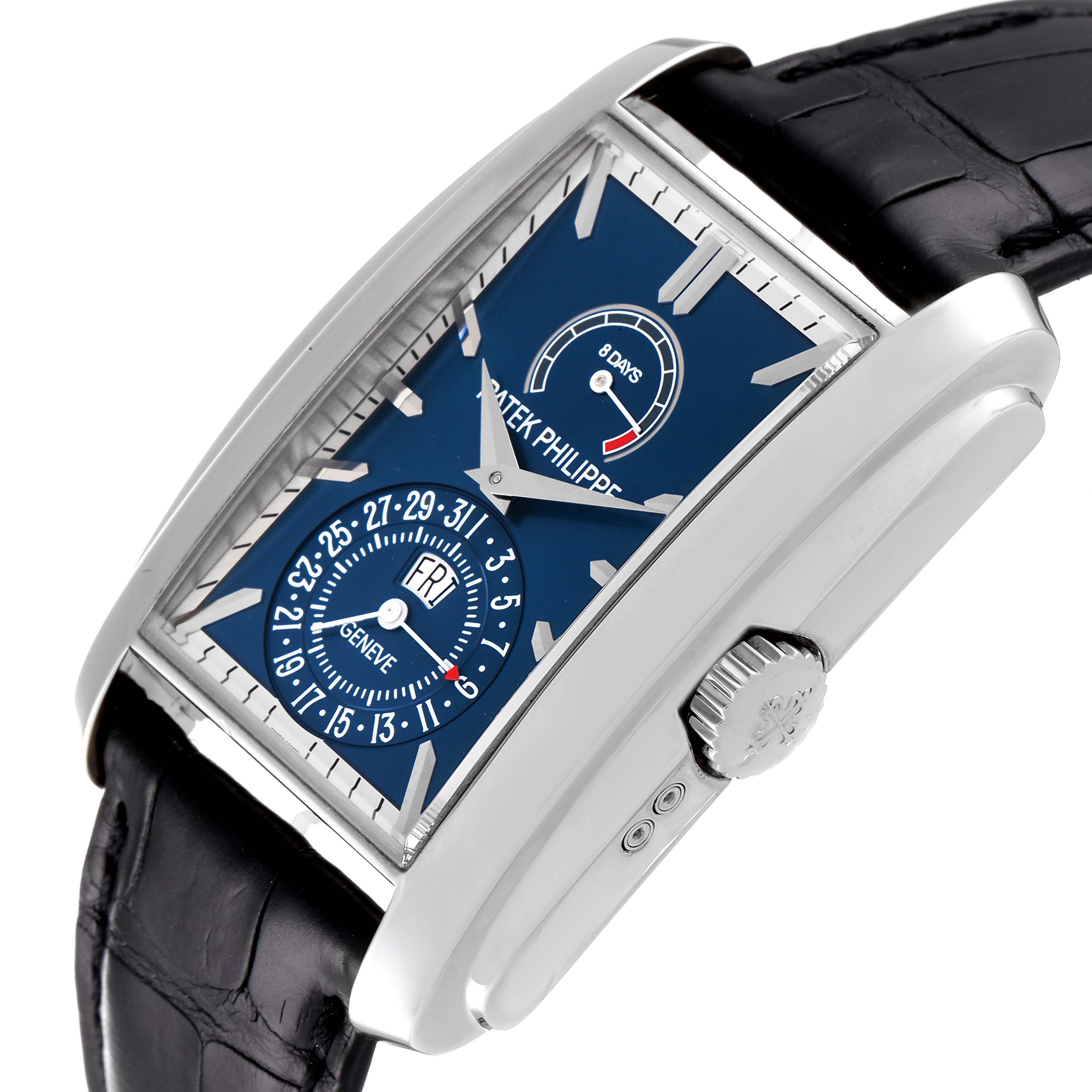The Patek Philippe Gondolo 5200G-001 Men's White Gold Blue Dial 5200G-001 Men's White Gold Blue Dial watch is shown at a tilted angle, displaying the face, crown, and part of the strap.
