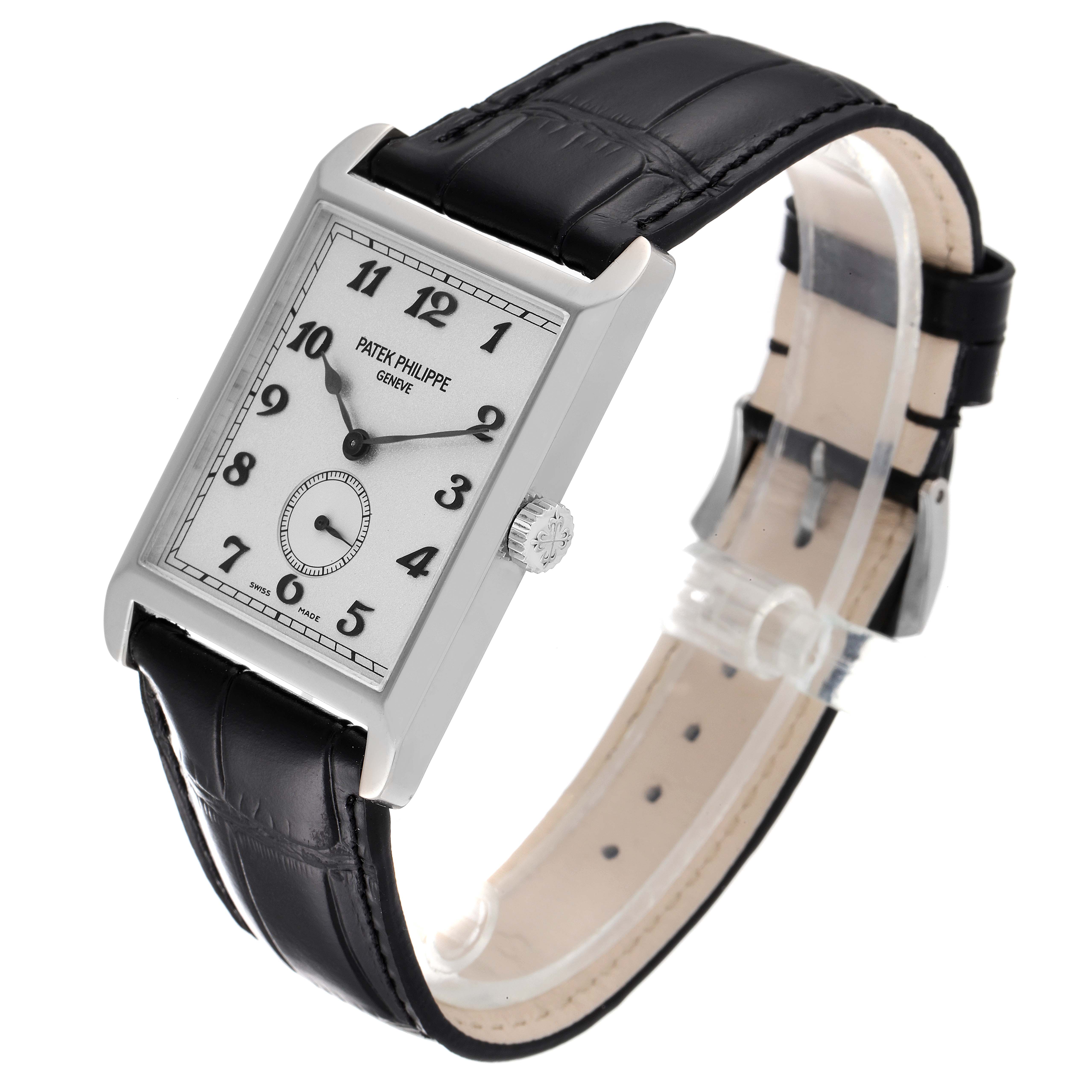 The Patek Philippe Gondolo 5109G Men
s White Gold Silver Dial 5109G Men
s White Gold Silver Dial watch is shown at a slight angle, highlighting its rectangular face, crown, and black leather strap.