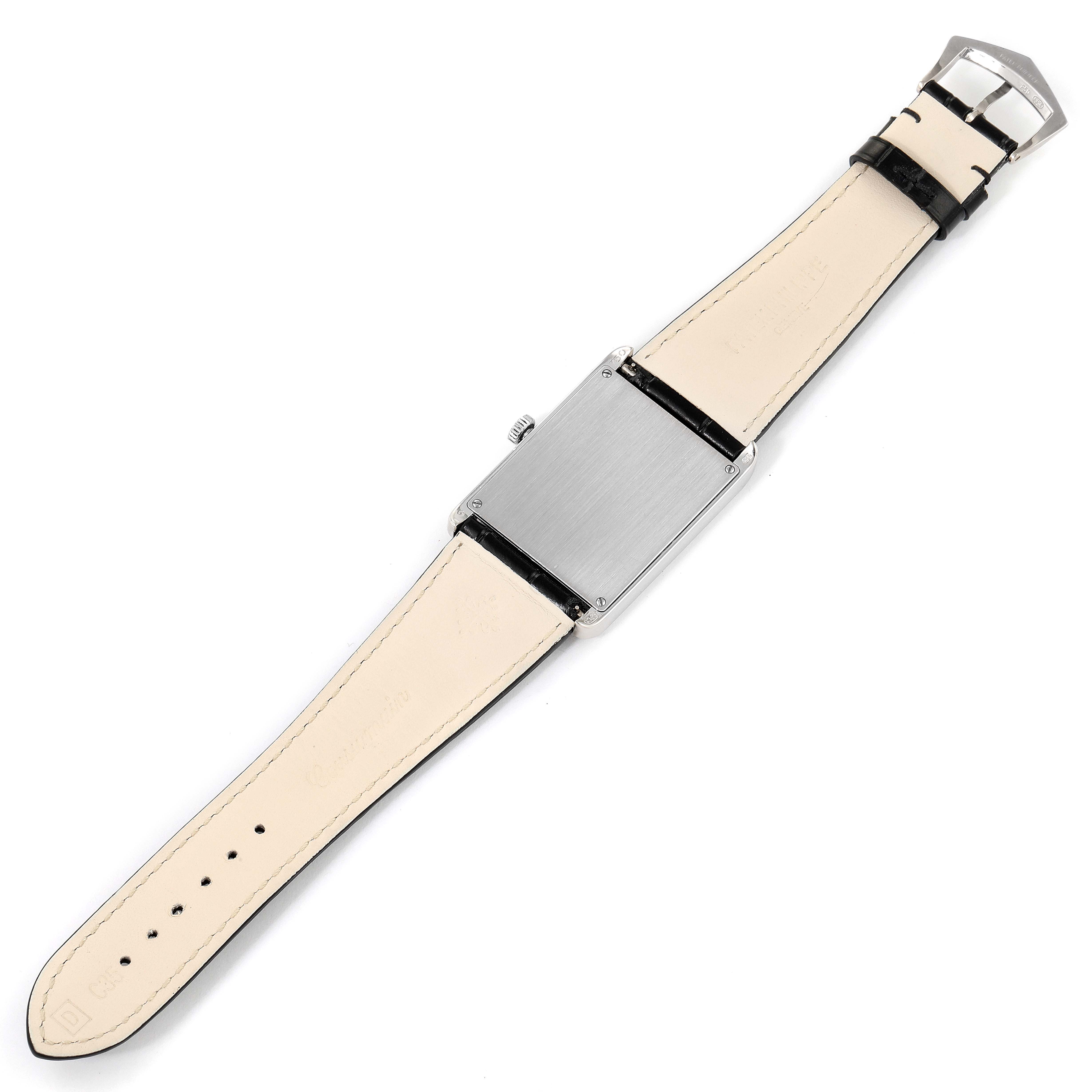 This image shows the backside of the Gondolo model by Patek Philippe watch, including the leather strap and clasp.