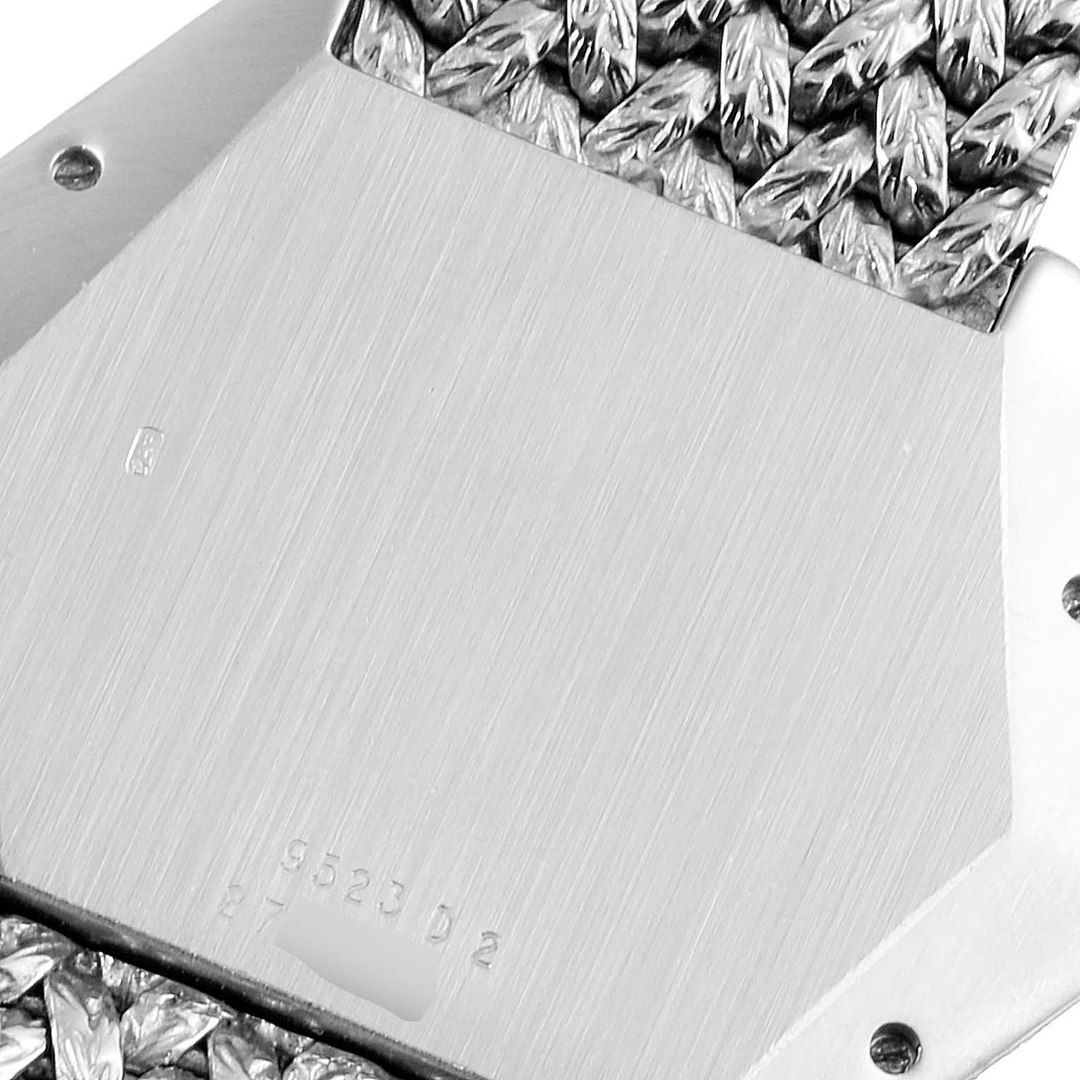 This image shows the back and part of the bracelet of a Piaget 9523D2 Women's White Gold White Dial 9523D2 Women's White Gold White Dial Onyx Diamond Dial White Gold Vintage Cocktail Ladies Watch 9523 model.