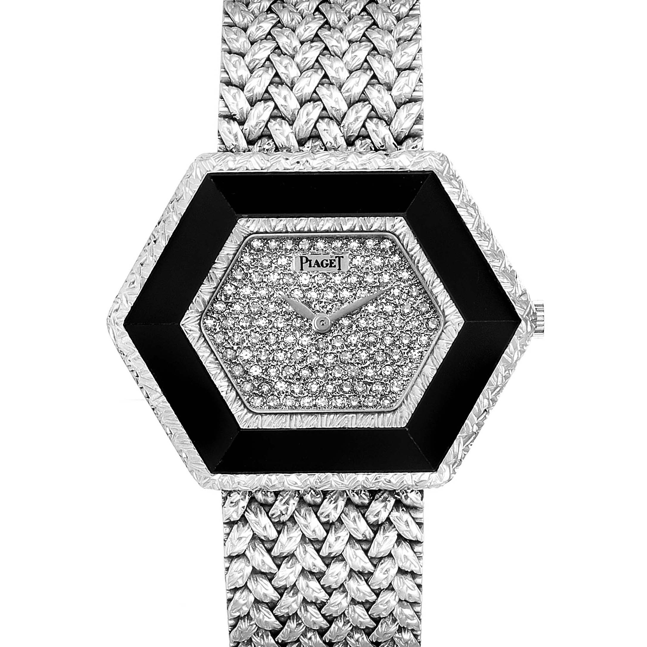 The image shows a frontal view of the Piaget 9523D2 Women's White Gold White Dial 9523D2 Women's White Gold White Dial Onyx Diamond Dial White Gold Vintage Cocktail Ladies Watch 9523 model.