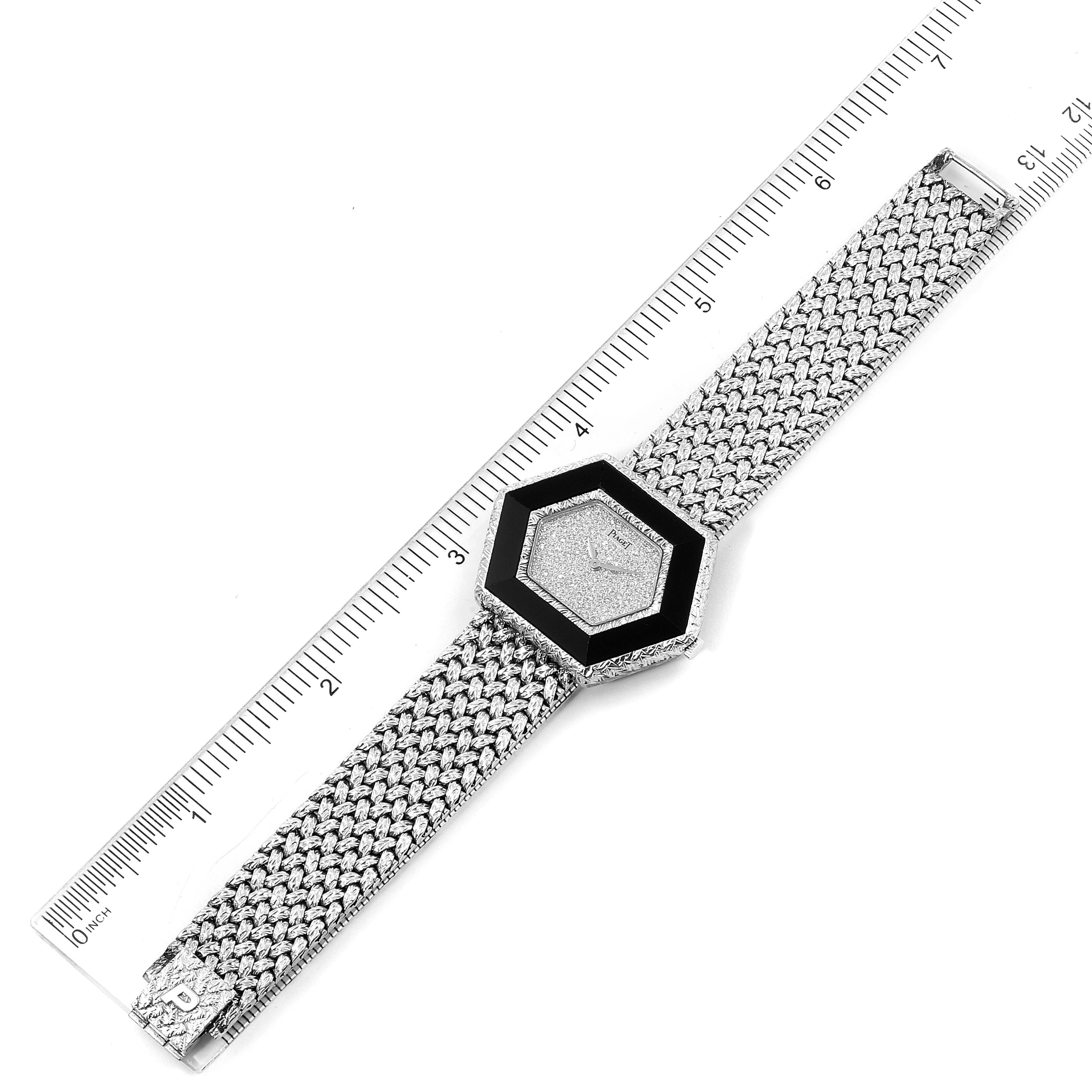 The image shows an overhead view of a Piaget 9523D2 Women's White Gold White Dial 9523D2 Women's White Gold White Dial 9523 Onyx Diamond Dial White Gold Vintage Cocktail Ladies Watch with a ruler nearby.