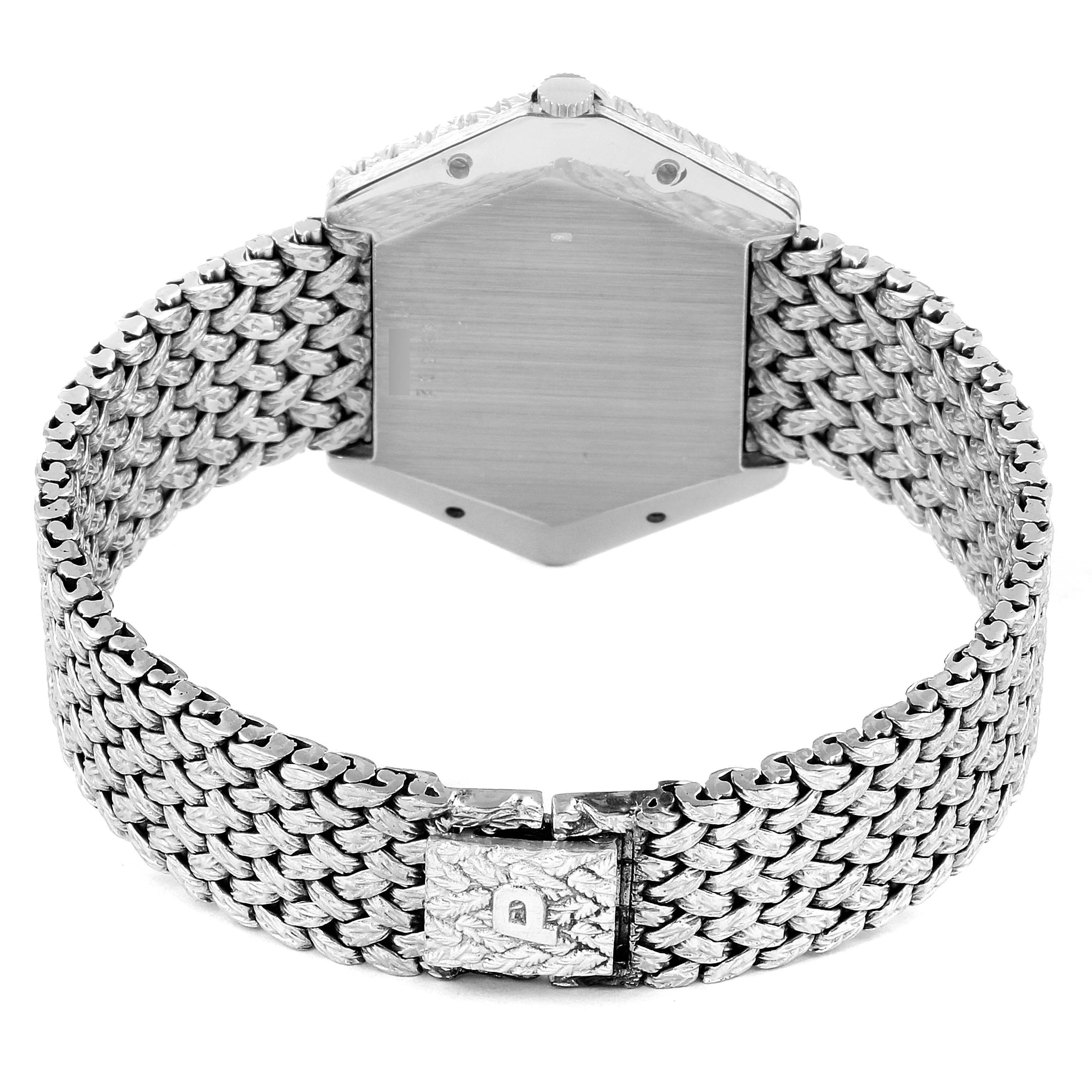 The image shows the back of the Piaget 9523D2 Women's White Gold White Dial 9523D2 Women's White Gold White Dial Onyx Diamond Dial White Gold Vintage Cocktail Ladies Watch 9523 and its bracelet clasp.